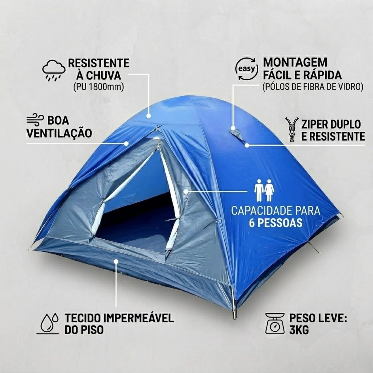 BARRACA DE ACAMPAMENTO FOX NAUTIKA 6 PESSOAS AZUL 1800MM IMPERMEÁVEL COM TELA MOSQUITEIRO