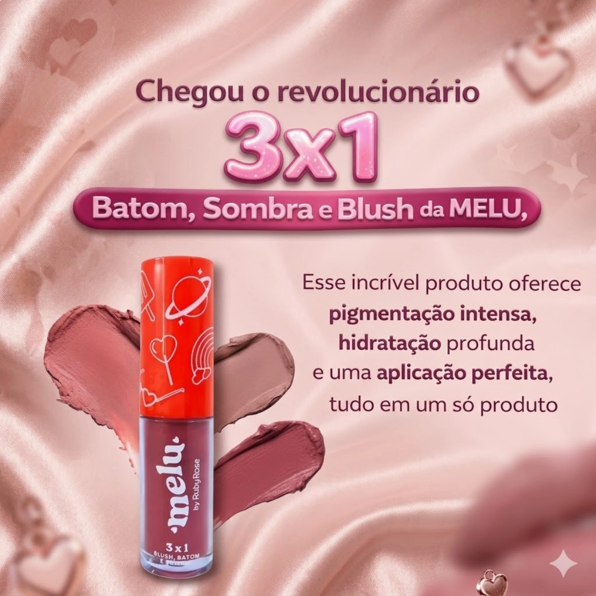 BATOM BLUSH E SOMBRA 3 EM 1 LONGA DURAÇÃO MELU RUBY ROSE BATOM BLUSH E SOMBRA 3 EM 1 LONGA DURAÇÃO MELU RUBY ROSE