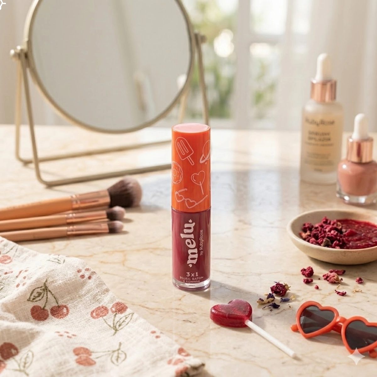 BATOM BLUSH E SOMBRA 3 EM 1 LONGA DURAÇÃO MELU RUBY ROSE BATOM BLUSH E SOMBRA 3 EM 1 LONGA DURAÇÃO MELU RUBY ROSE
