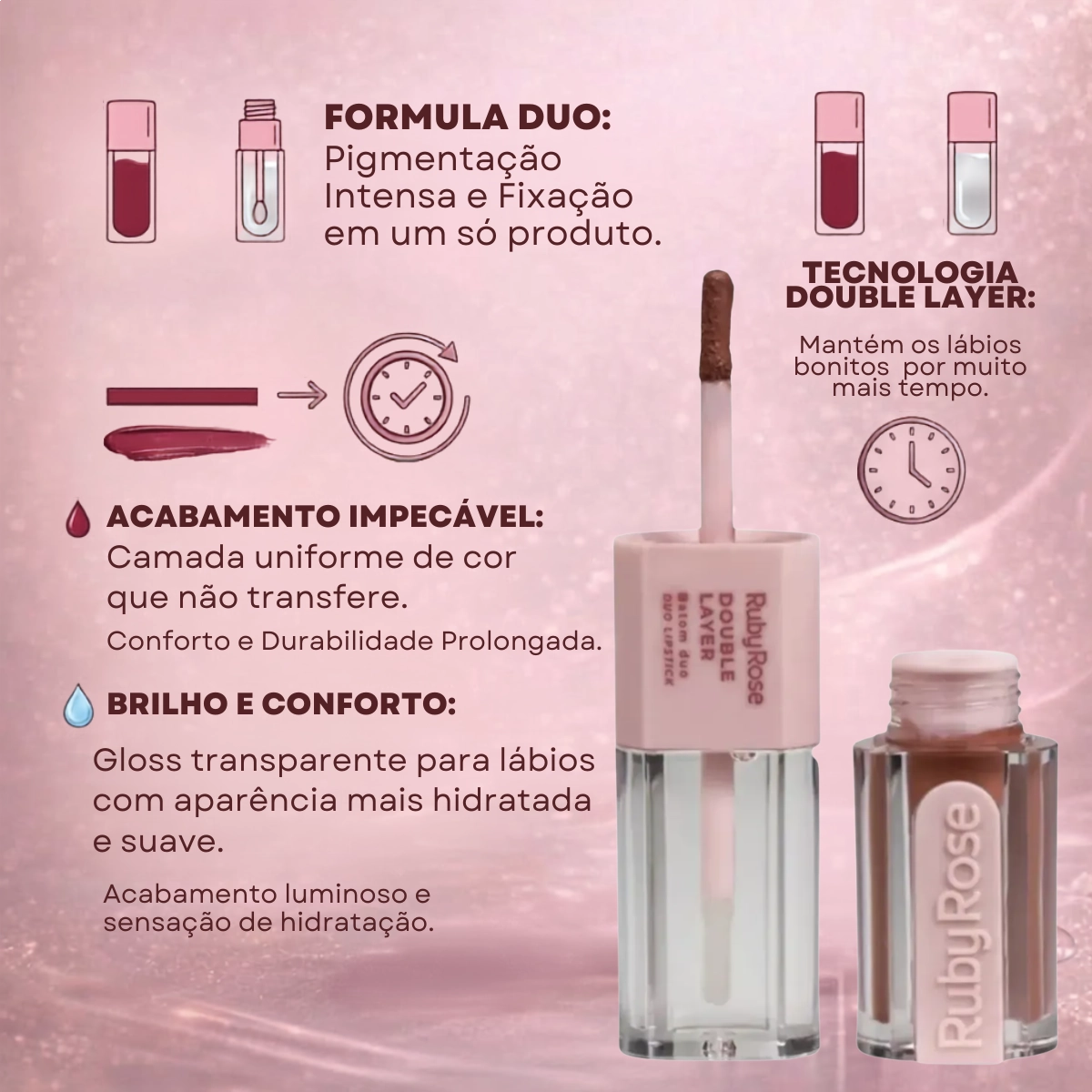 BATOM DUO MATTE E GLOSS RUBY ROSE DOUBLE LAYER DL100 LONGA DURACAO BATOM DUO MATTE E GLOSS RUBY ROSE DOUBLE LAYER DL100 LONGA DURACAO