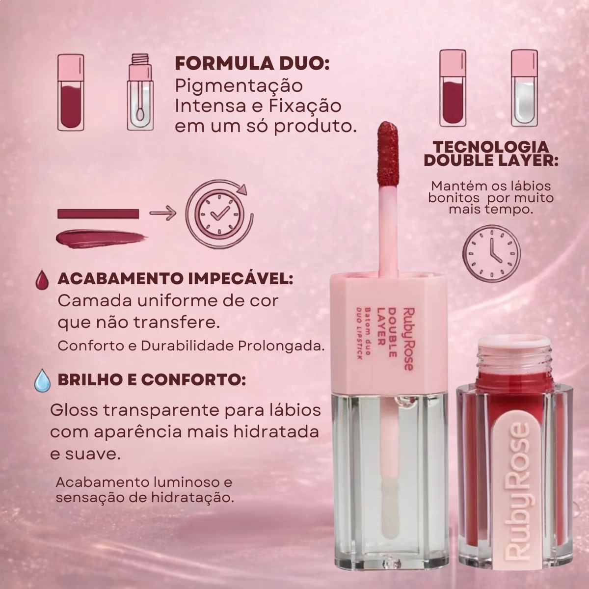 BATOM DUO MATTE E GLOSS RUBY ROSE DOUBLE LAYER DL90 LONGA DURACAO BATOM DUO MATTE E GLOSS RUBY ROSE DOUBLE LAYER DL90 LONGA DURACAO