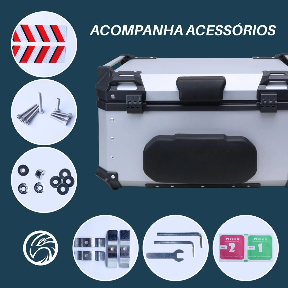 Bau de Moto Traseiro 65 Litros Universal Aluminio Anti-roubo Prata Cabem 2 Capacetes