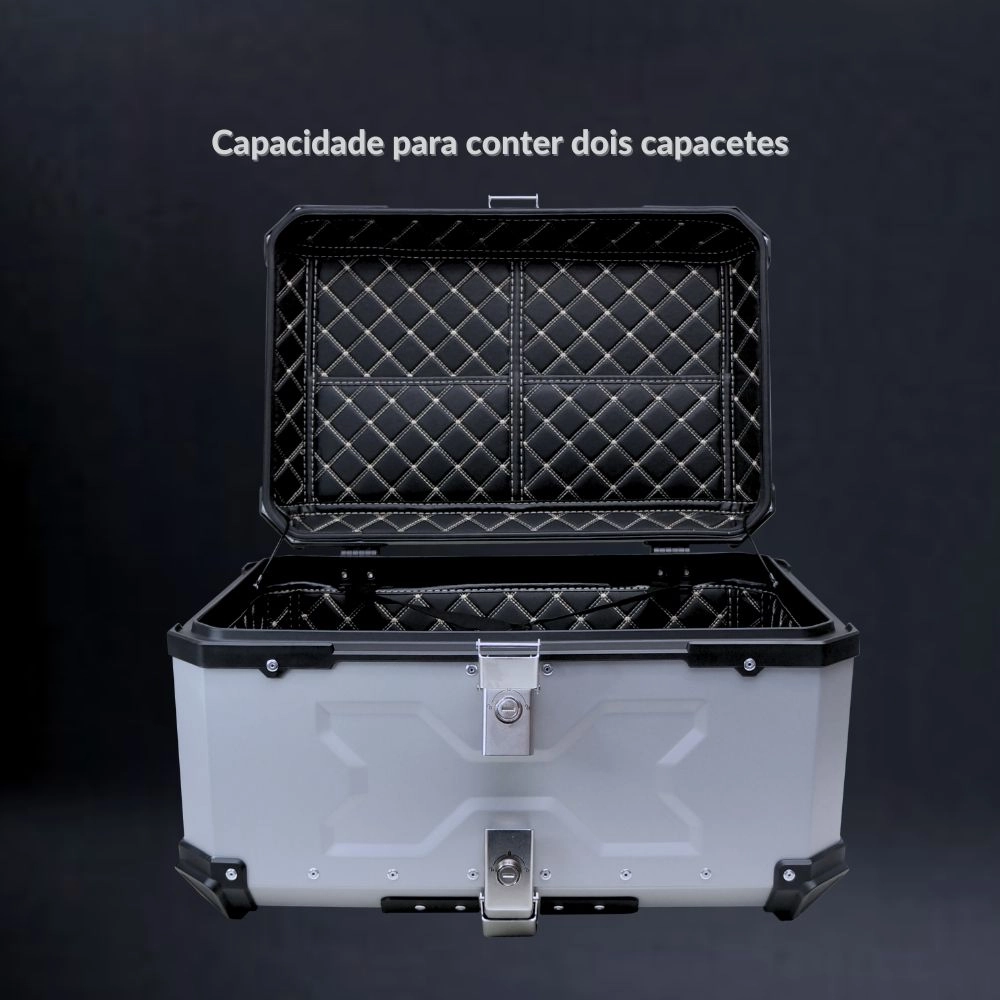Bau de Moto Traseiro 65 Litros Universal Aluminio Anti-roubo Prata Cabem 2 Capacetes