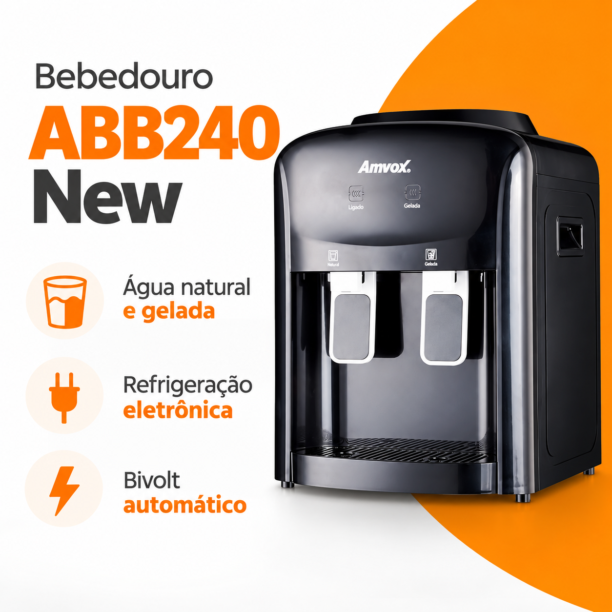 BEBEDOURO AMVOX ABB 240 NEW BLACK BIVOLT ÁGUA GELADA E NATURAL PRETO BEBEDOURO AMVOX ABB 240 NEW BLACK BIVOLT ÁGUA GELADA E NATURAL PRETO