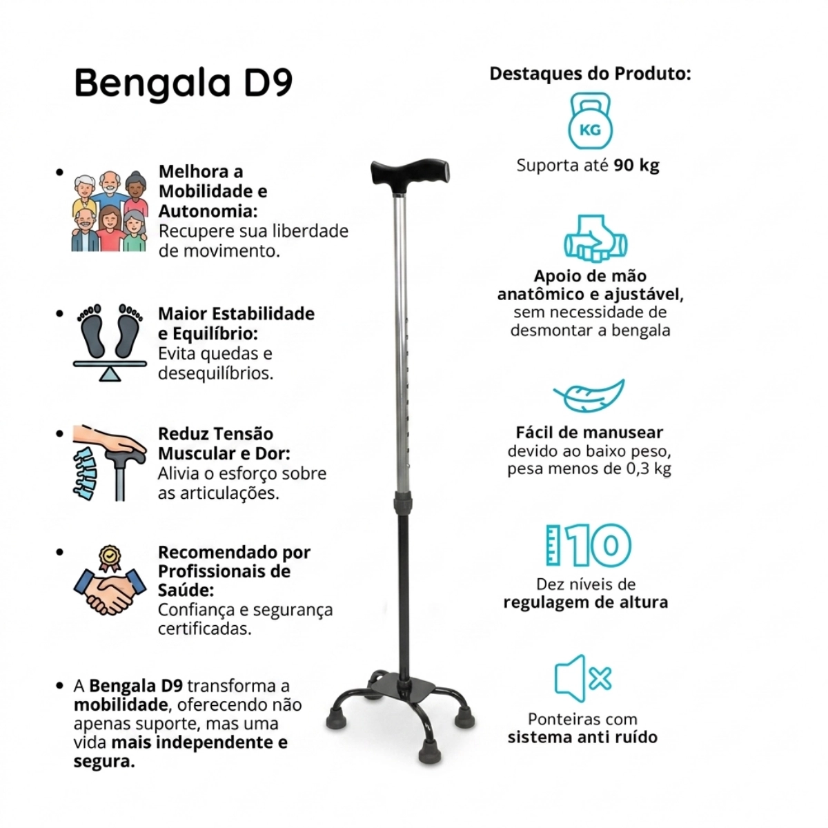 BENGALA ORTOPEDICA 4 PONTAS DELLAMED D9 IDOSO REGULAVEL