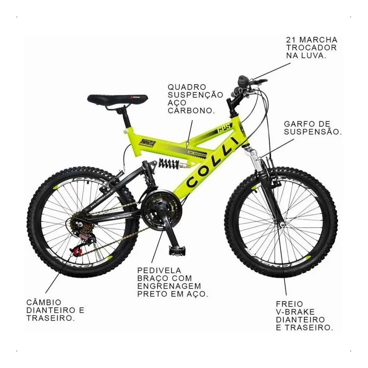 BICICLETA ARO 20 COLLI GPS V-BRAKE SUSPENSÃO FULL AMARELO NEON 15