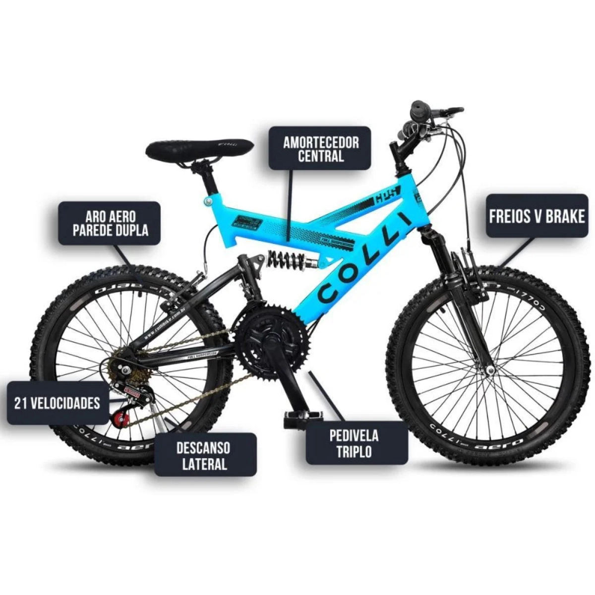 BICICLETA ARO 20 COLLI GPS V-BRAKE SUSPENSÃO FULL AZUL CHAMPANHE 15