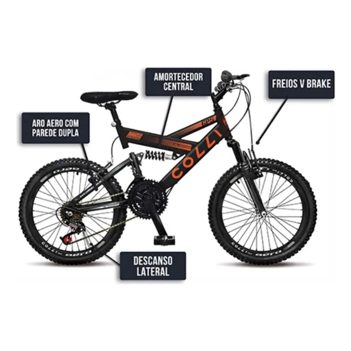 BICICLETA ARO 20 COLLI GPS V-BRAKE SUSPENSÃO FULL PRETO FOSCO/LARANJA NEON 15