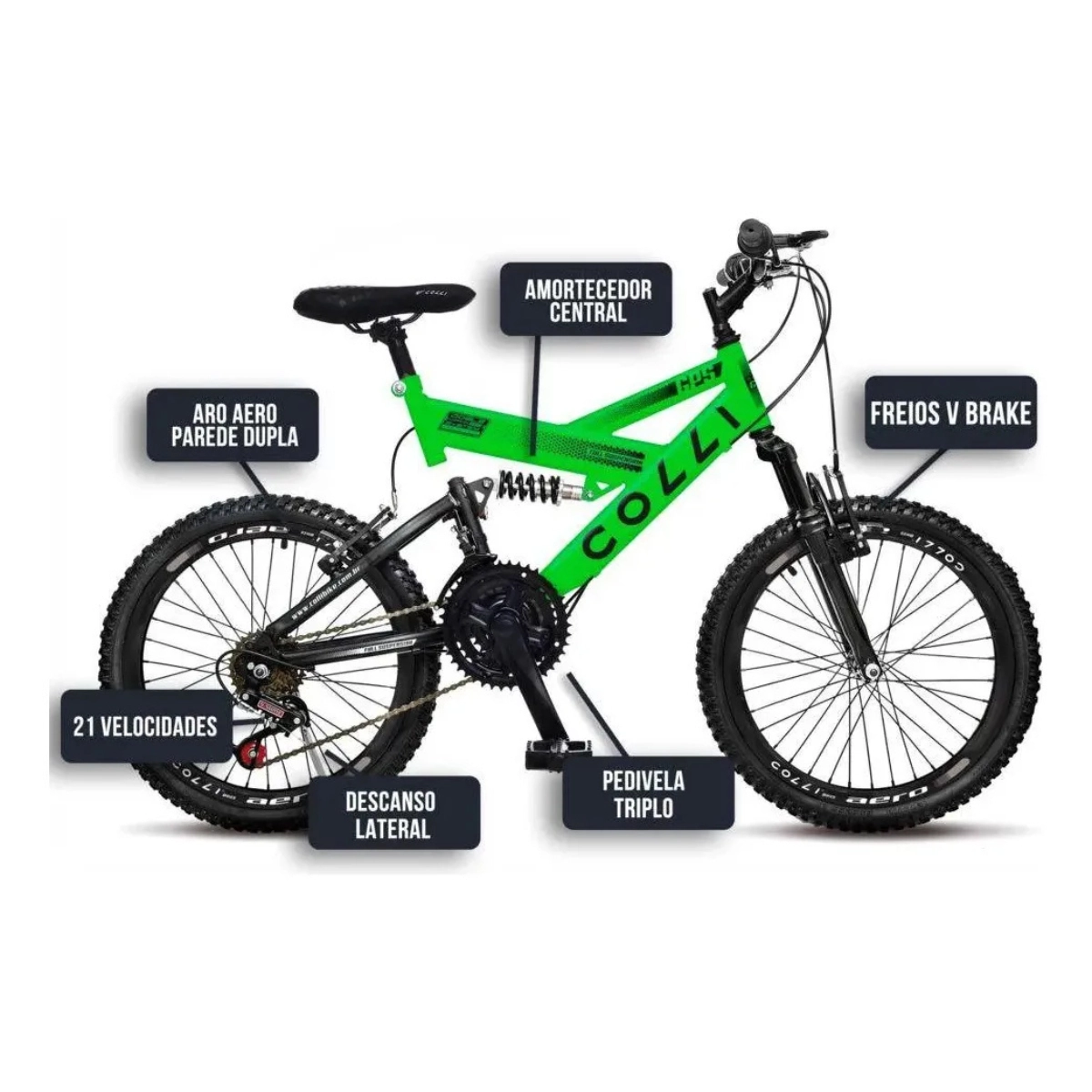 BICICLETA ARO 20 COLLI GPS V-BRAKE SUSPENSÃO FULL VERDE NEON 15