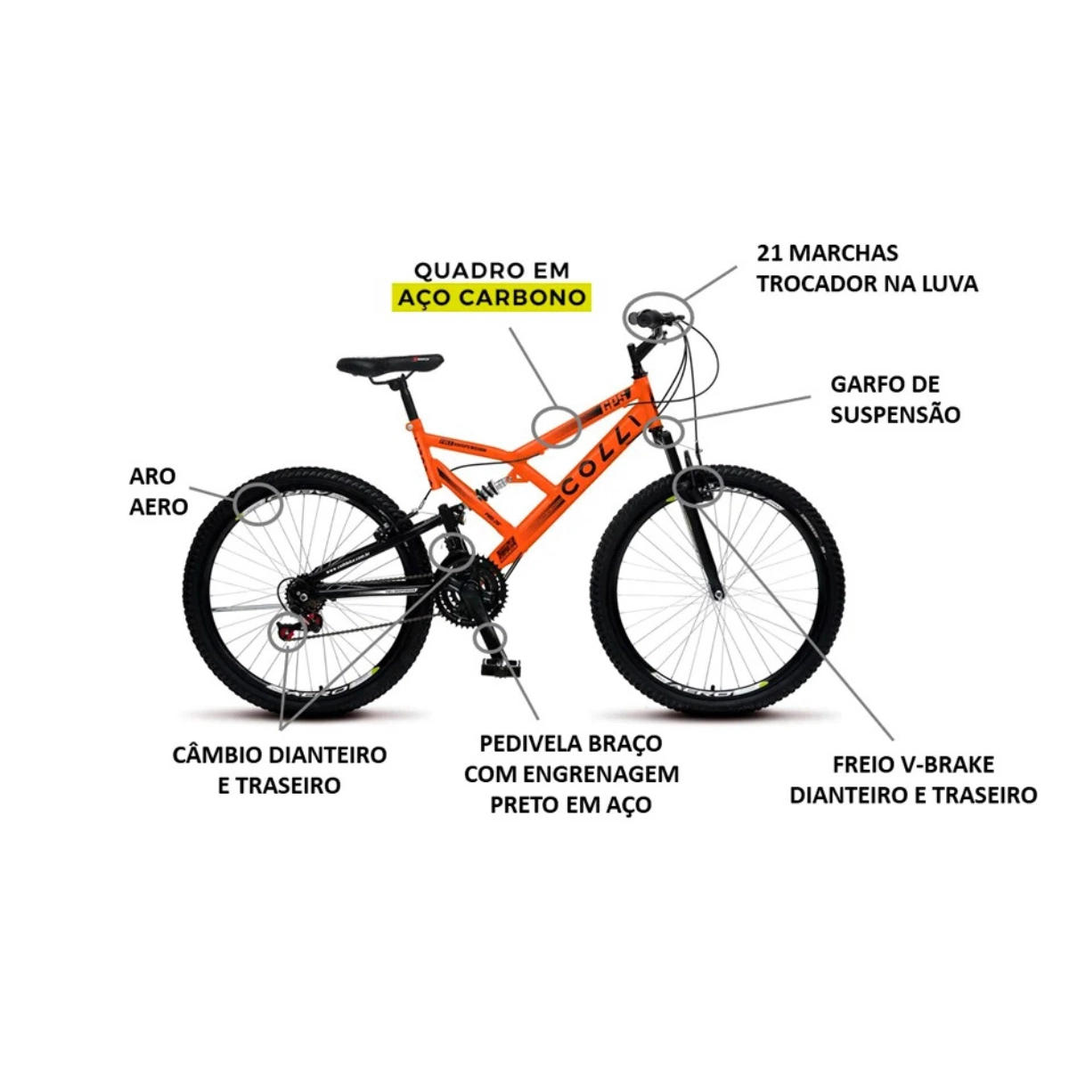 BICICLETA ARO 26 COLLI GPS V-BRAKE SUSPENSÃO FULL LARANJA NEON 18