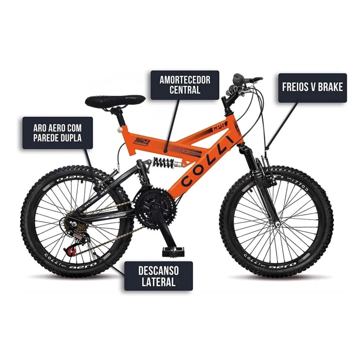 BICICLETA COLLI GPS DUPLA SUSP. FULL A.20 36R 21V LARANJA NEON BICICLETA COLLI GPS DUPLA SUSP. FULL A.20 36R 21V LARANJA NEON