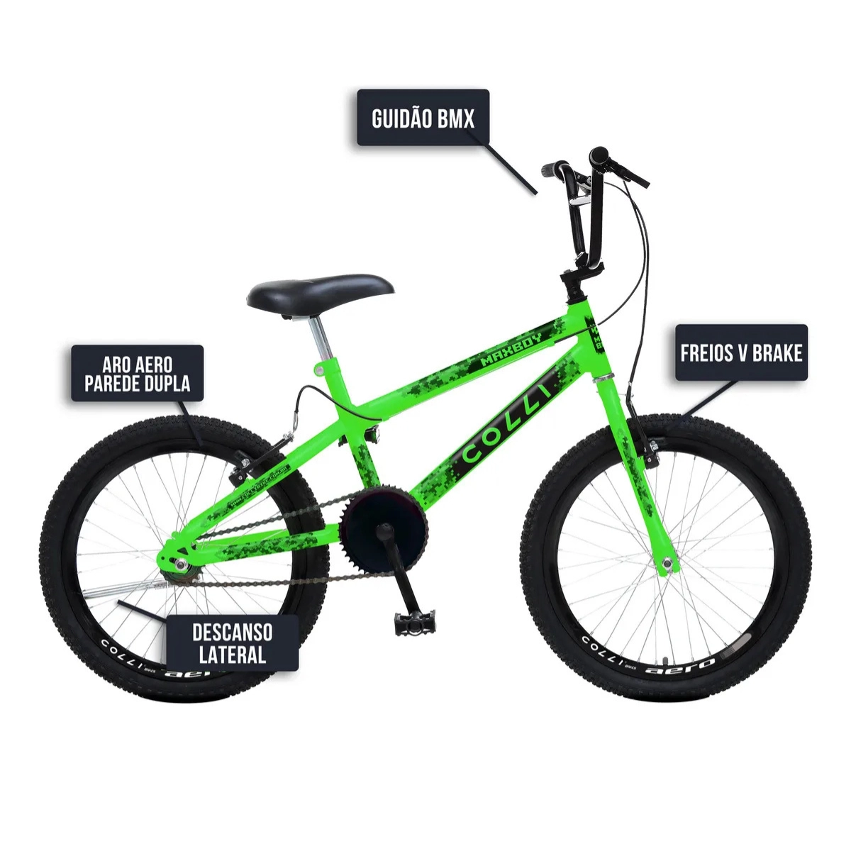 BICICLETA COLLI MAX BOY CROSS ARO 20 VERDE NEON TAMANHO DO QUADRO 12