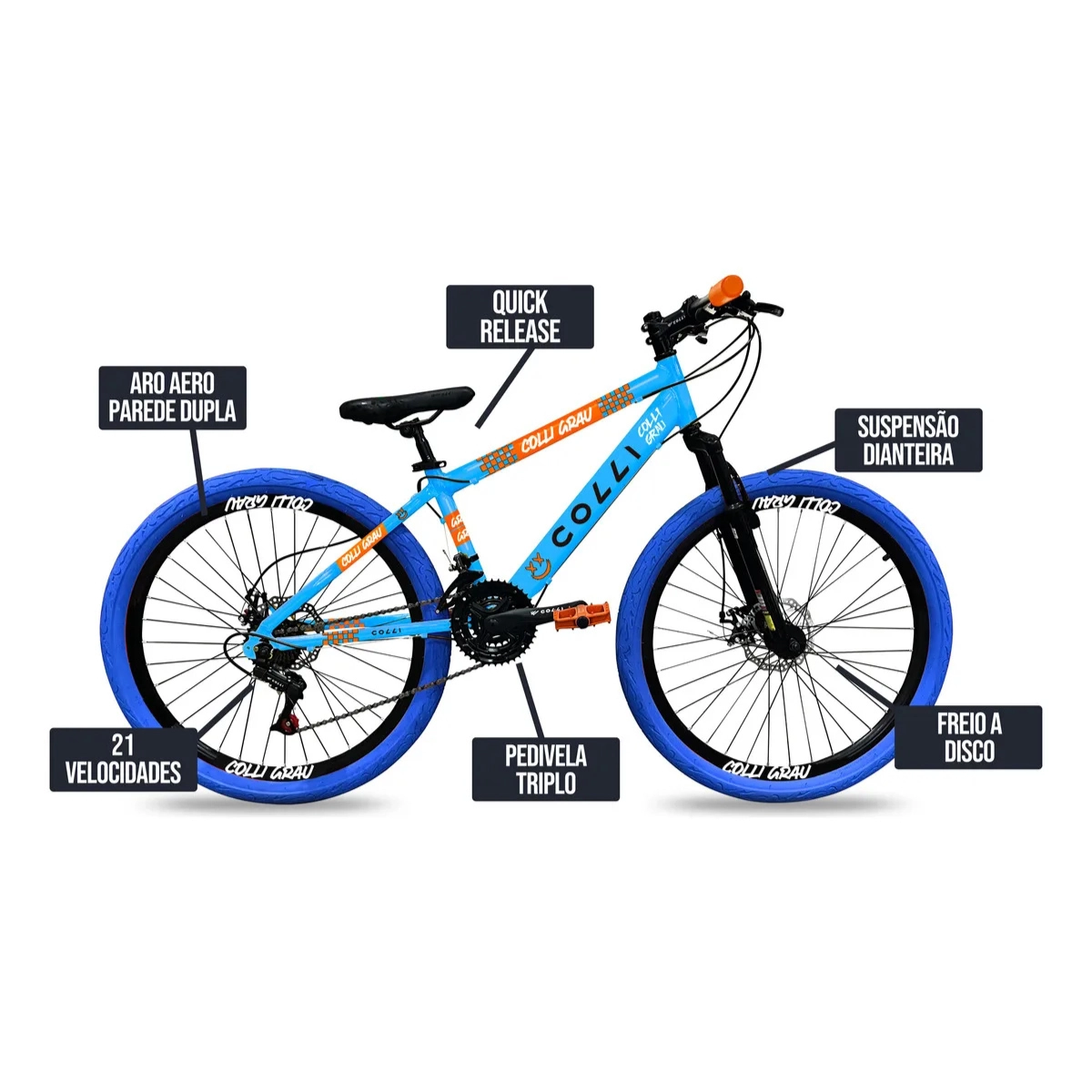 BICICLETA GRAU ARO 26 FREIOS A DISCO 21 VELOCIDADES COLLI AZUL CHAMPANHE