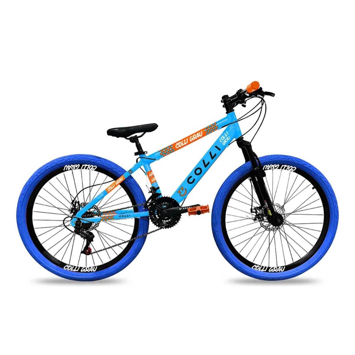 BICICLETA GRAU ARO 26 FREIOS A DISCO 21 VELOCIDADES COLLI AZUL CHAMPANHE