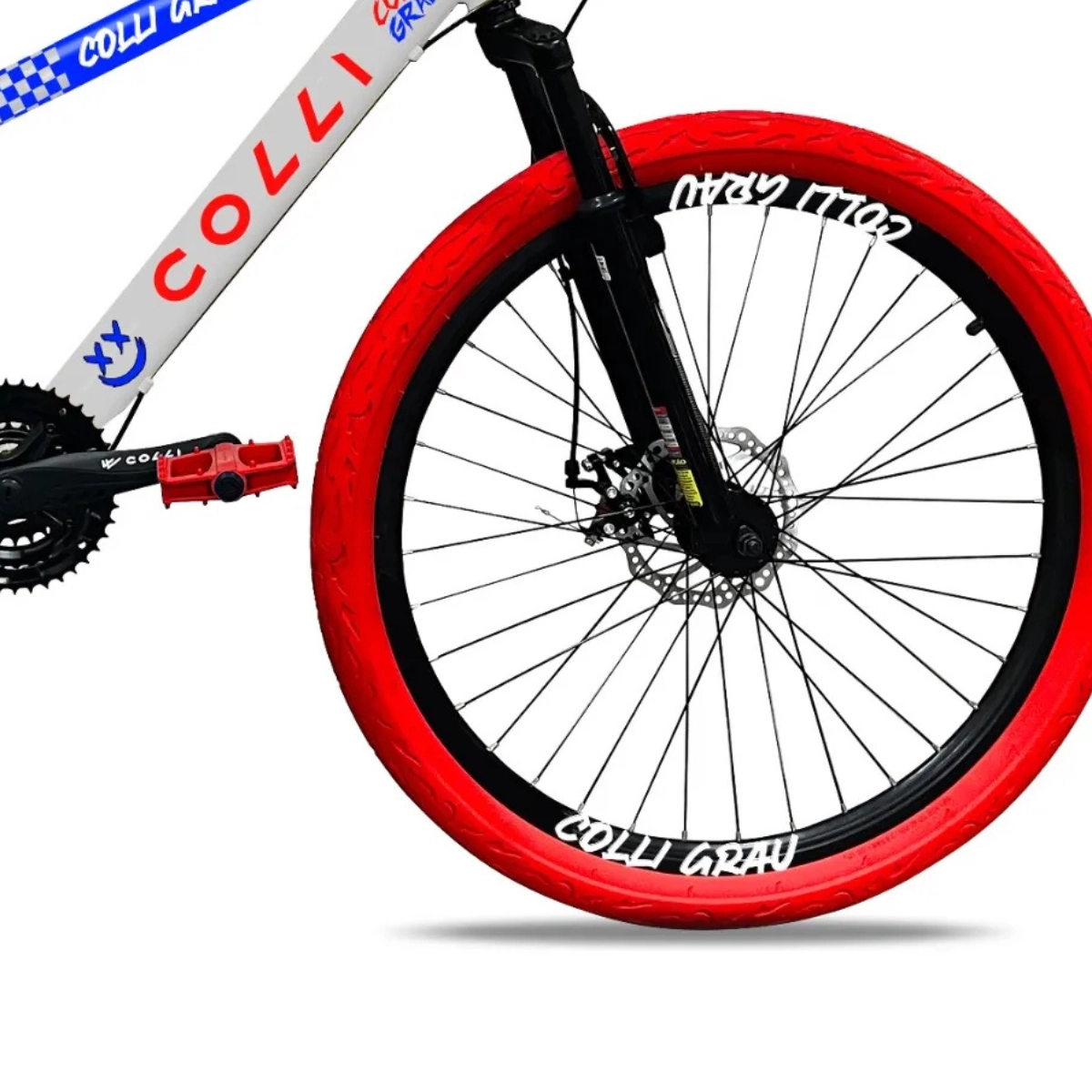 BICICLETA GRAU ARO 26 FREIOS A DISCO 21VEL COLLI BRANCO COM VERMELHO/AZUL