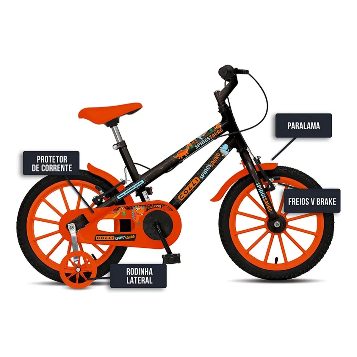 BICICLETA INFANTIL COLLI SPINOSSAURO AVENTURAS PRETO ARO 16 PRETO FOSCO 12