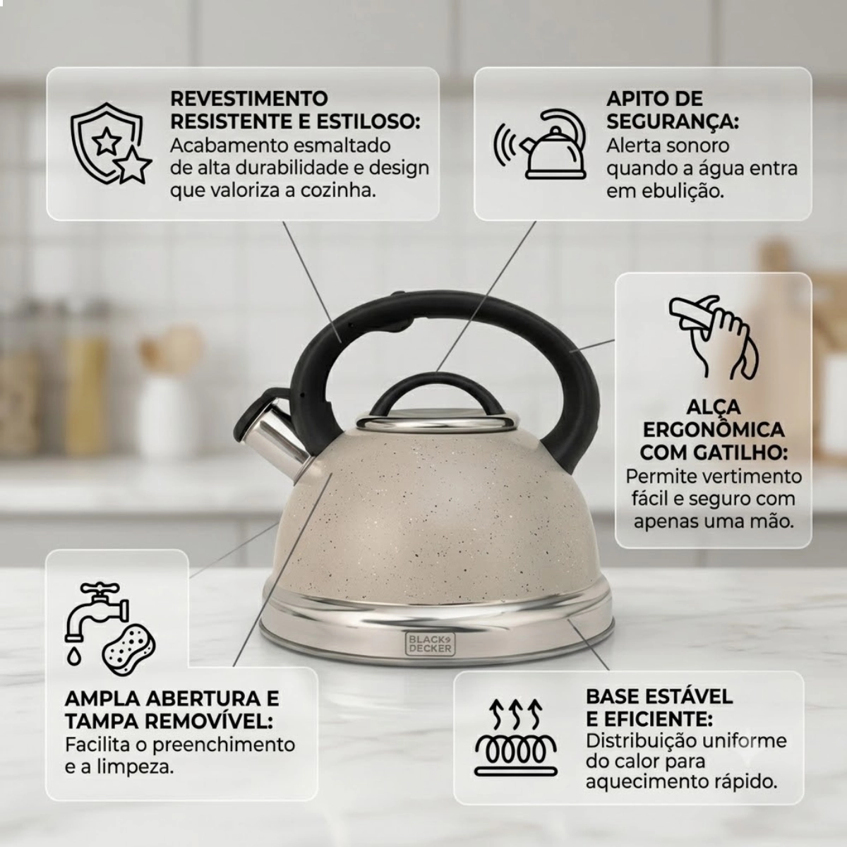 Black+decker Chaleira com Apito 3 Litros Steam&amp;stone - Corpo em Aco Inoxidavel com Cabo em Nylon e A