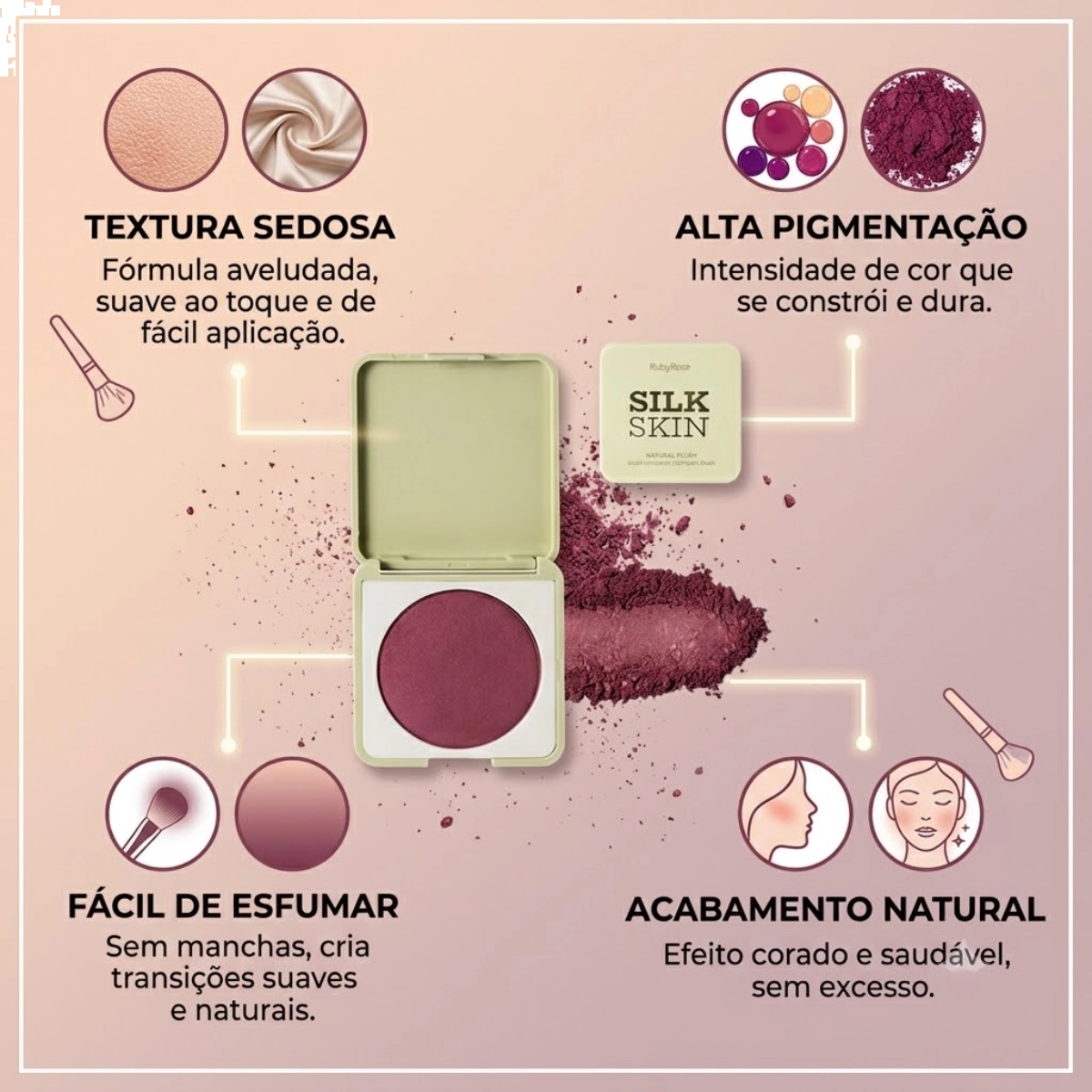 BLUSH RUBY ROSE SILK SKIN DEEP PLUM ALTA PIGMENTAÇÃO BLUSH RUBY ROSE SILK SKIN DEEP PLUM ALTA PIGMENTAÇÃO