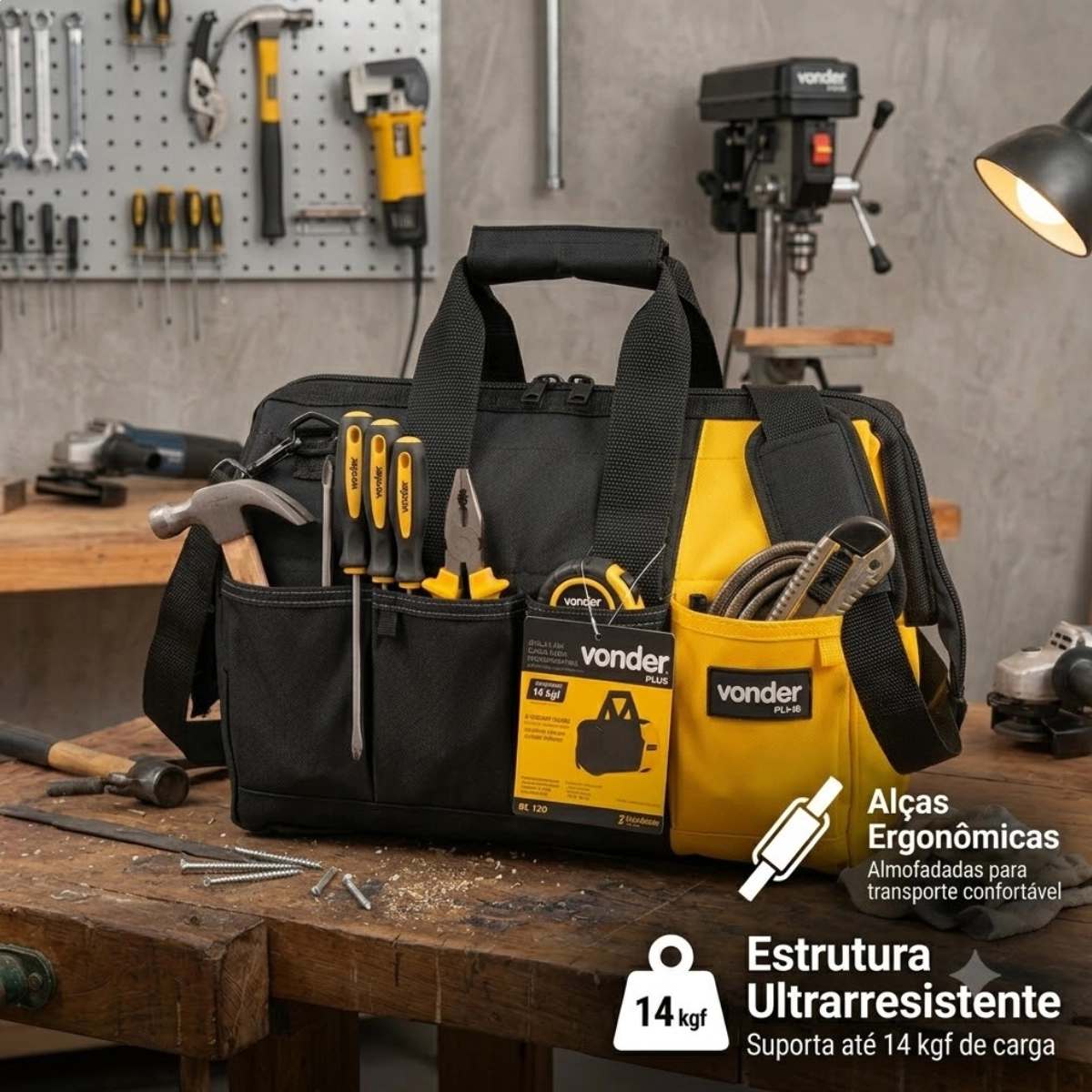 BOLSA EM LONA PARA FERRAMENTAS BL 120 VONDER PLUS PRETA E AMARELA