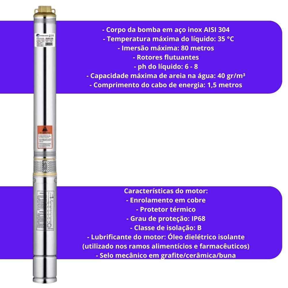 Bomba submersa centrifuga p/água 3QJD(N) 2/17 1,0 HP mono 220V Lepono
