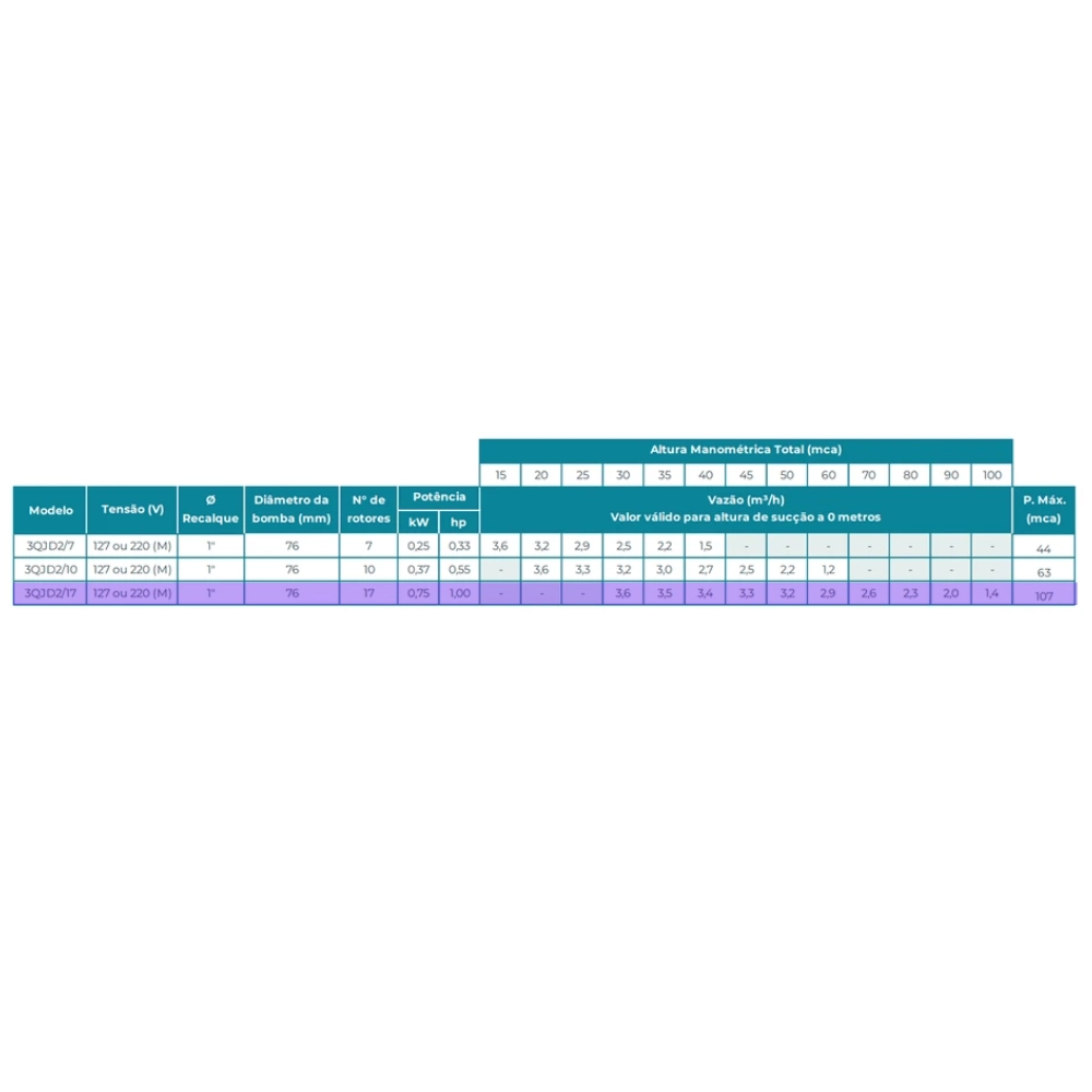 Bomba submersa centrifuga p/água 3QJD(N) 2/17 1,0 HP mono 220V Lepono