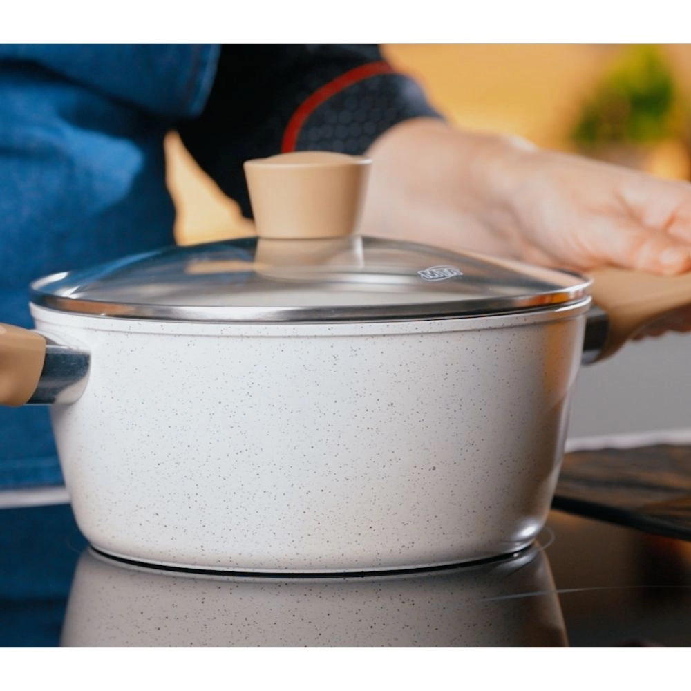 CAÇAROLA 20CM COM TAMPA DE VIDRO MTA LINHA CARMELA VANILLA 2,4L CERAMIC FLON