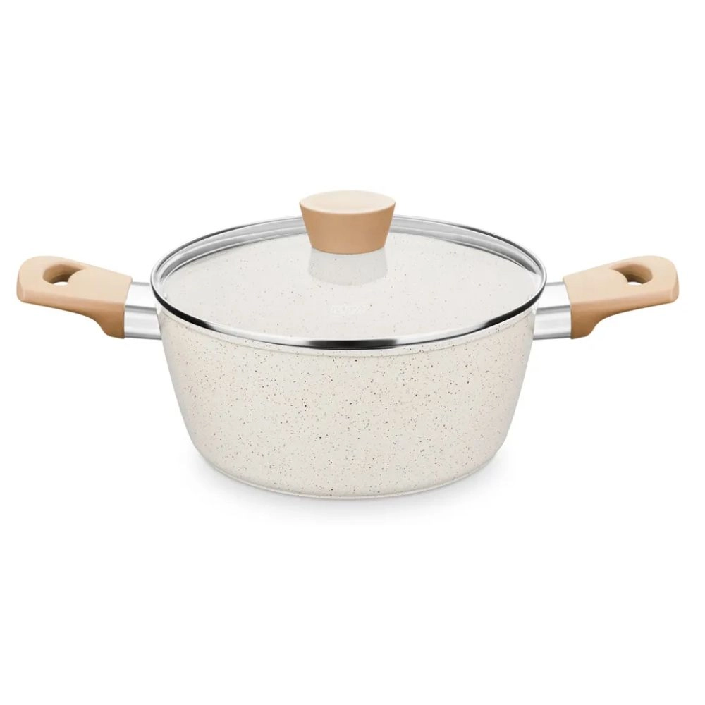 CAÇAROLA 20CM COM TAMPA DE VIDRO MTA LINHA CARMELA VANILLA 2,4L CERAMIC FLON