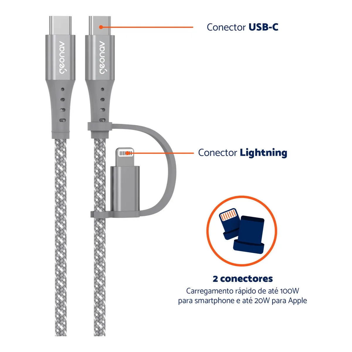 CABO DE CARREGADOR 2 EM 1 USB-C LIGHTNING 1,5 METROS GEONAV CINZA