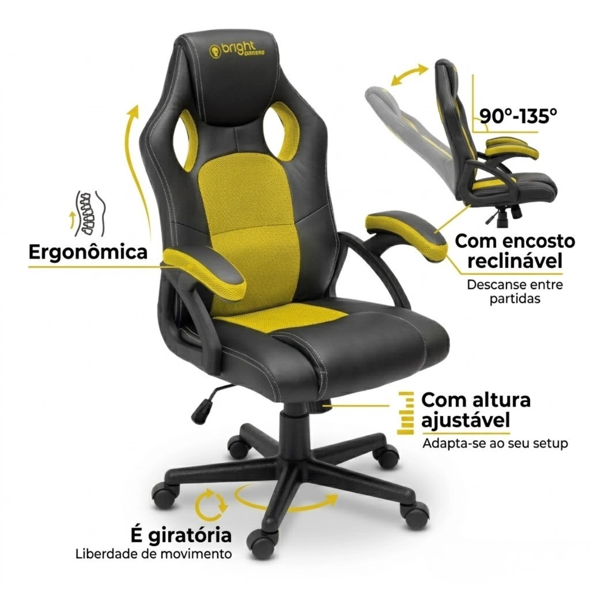 
CADEIRA GAMER BRIGHT AMARELA CG-03 ERGONÔMICA RECLINÁVEL AJUSTÁVEL CONFORTO PROFISSIONAL