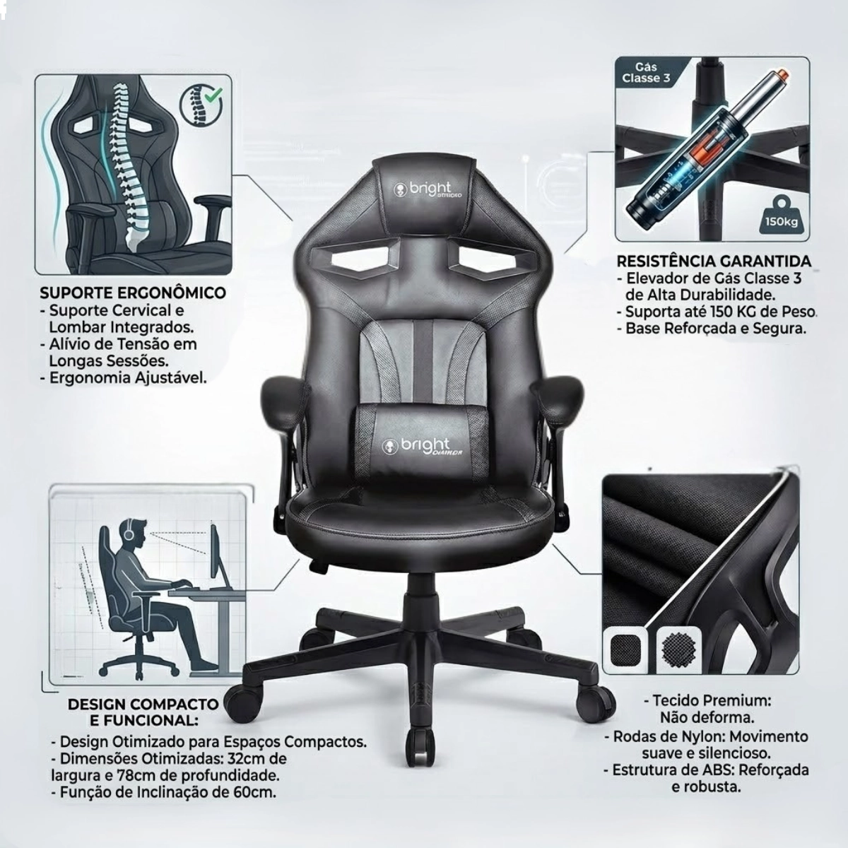 CADEIRA GAMER GRANDE BRIGHT PRETA COURO SINTETICO COM ALTURA AJUSTAVEL 