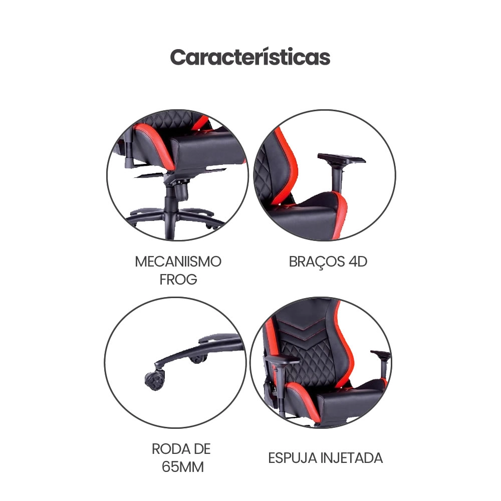 Cadeira Gamer Júpiter Preta e Vermelha em Couro Reclinável