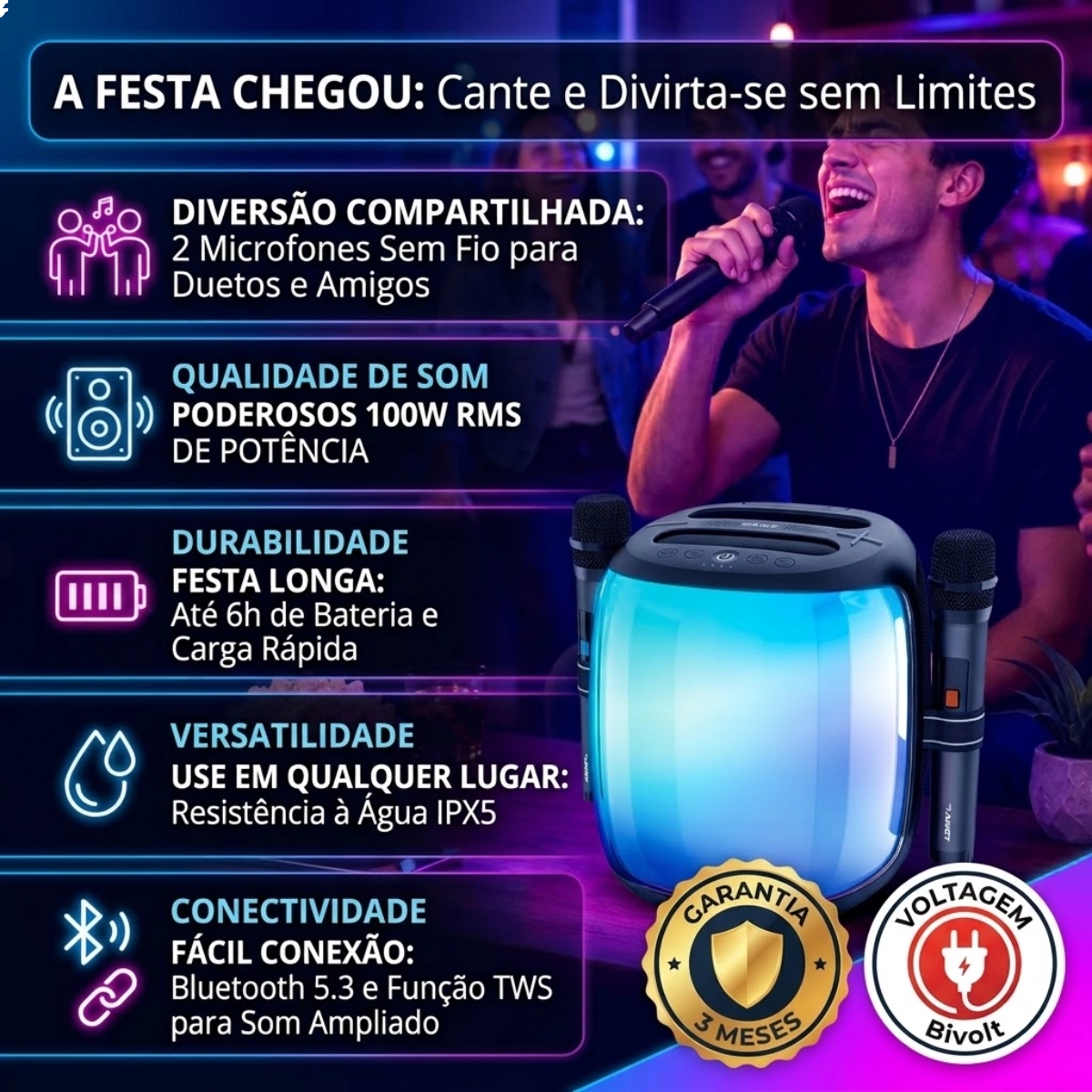 CAIXA DE SOM AMET PARTY BOX 100W KARAOKE 2 MICROFONES SEM FIO CAIXA DE SOM AMET PARTY BOX 100W KARAOKE 2 MICROFONES SEM FIO