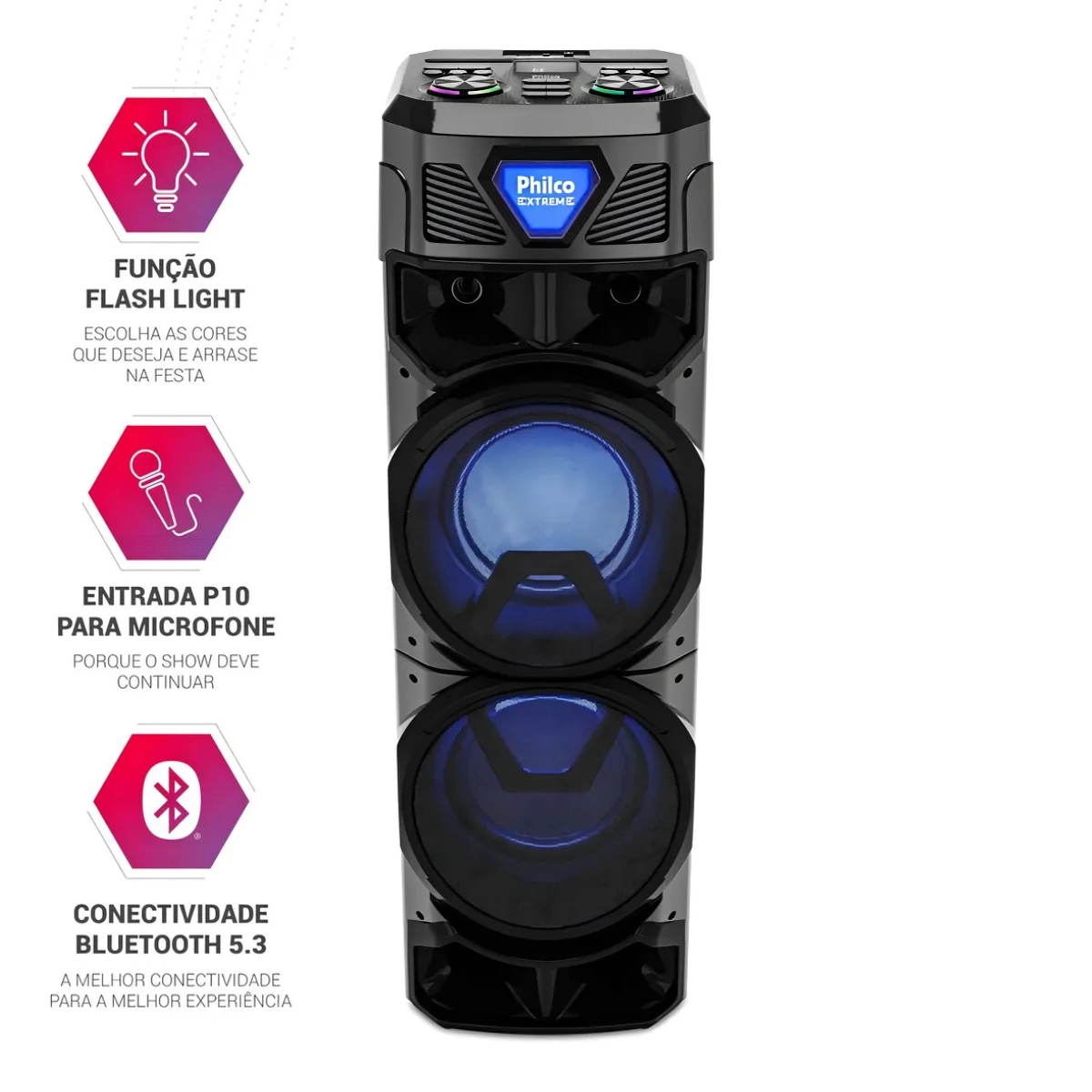 CAIXA DE SOM AMPLIFICADA BLUETOOTH PHILCO EXBASS 2100W PCX21000 CAIXA DE SOM AMPLIFICADA BLUETOOTH PHILCO EXBASS 2100W PCX21000