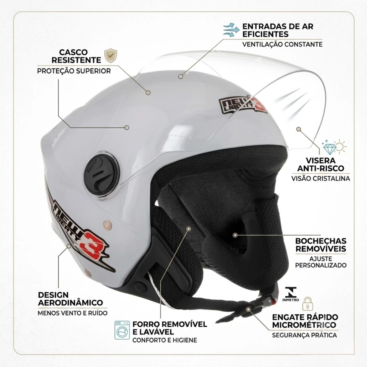 CAPACETE PROTORK NEW LIBERTY THREE BRANCO TAMANHO 60 CAPACETE PROTORK NEW LIBERTY THREE BRANCO TAMANHO 60