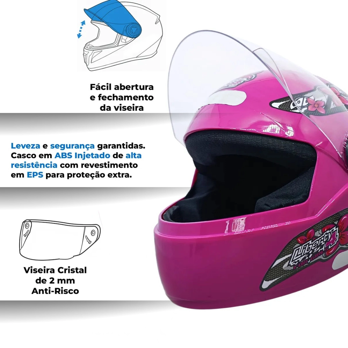 CAPACETE ROSA FLORAL LIBERTY 4 FEMININO TAM 58 FECHADO PROTORK
