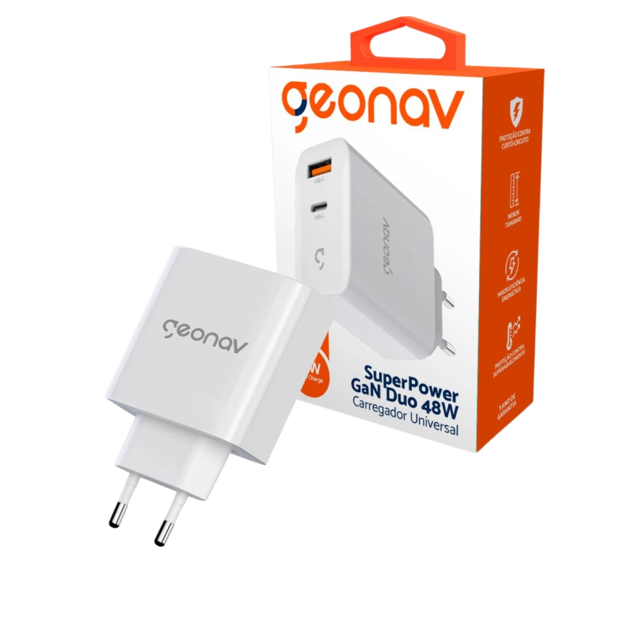 CARREGADOR DE TOMADA GEONAV SUPER POWER GAN DUO USB-C X USB-A 2 PORTAS