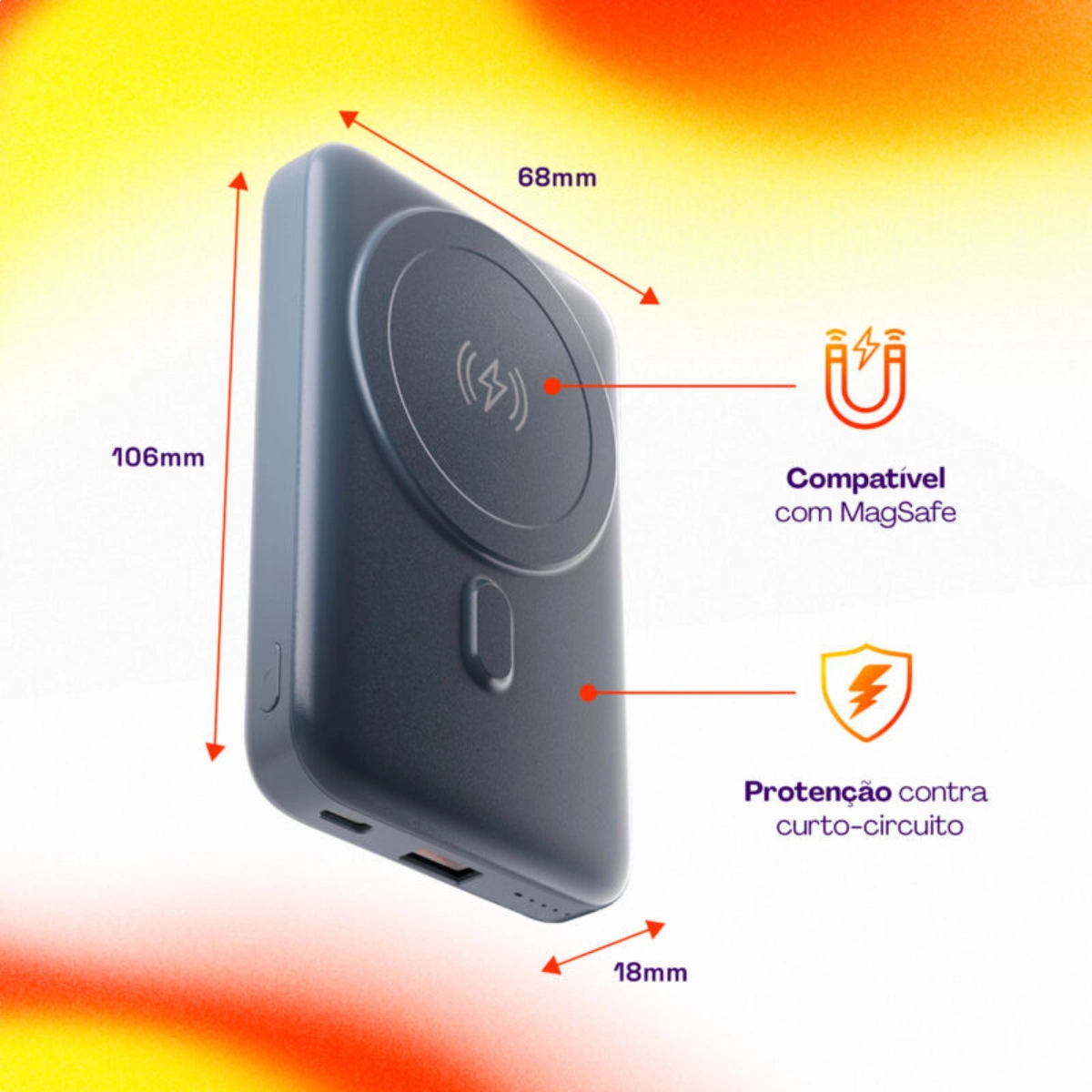 CARREGADOR PORTÁTIL POWER BANK POR INDUÇÃO PB10MAGSG GEONAV CINZA