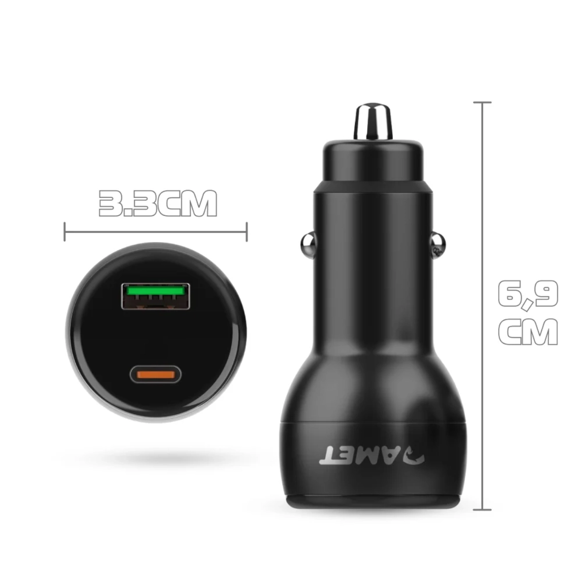 CARREGADOR VEICULAR AMET 65W TURBO TIPO C PD USB DUPLO