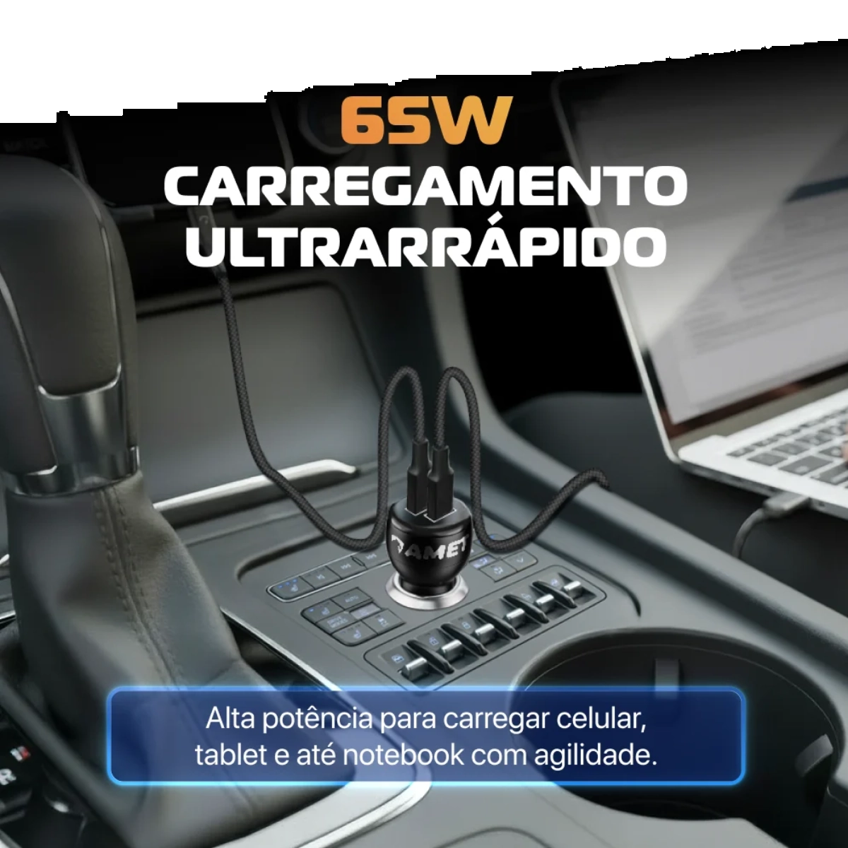 CARREGADOR VEICULAR AMET 65W TURBO TIPO C PD USB DUPLO