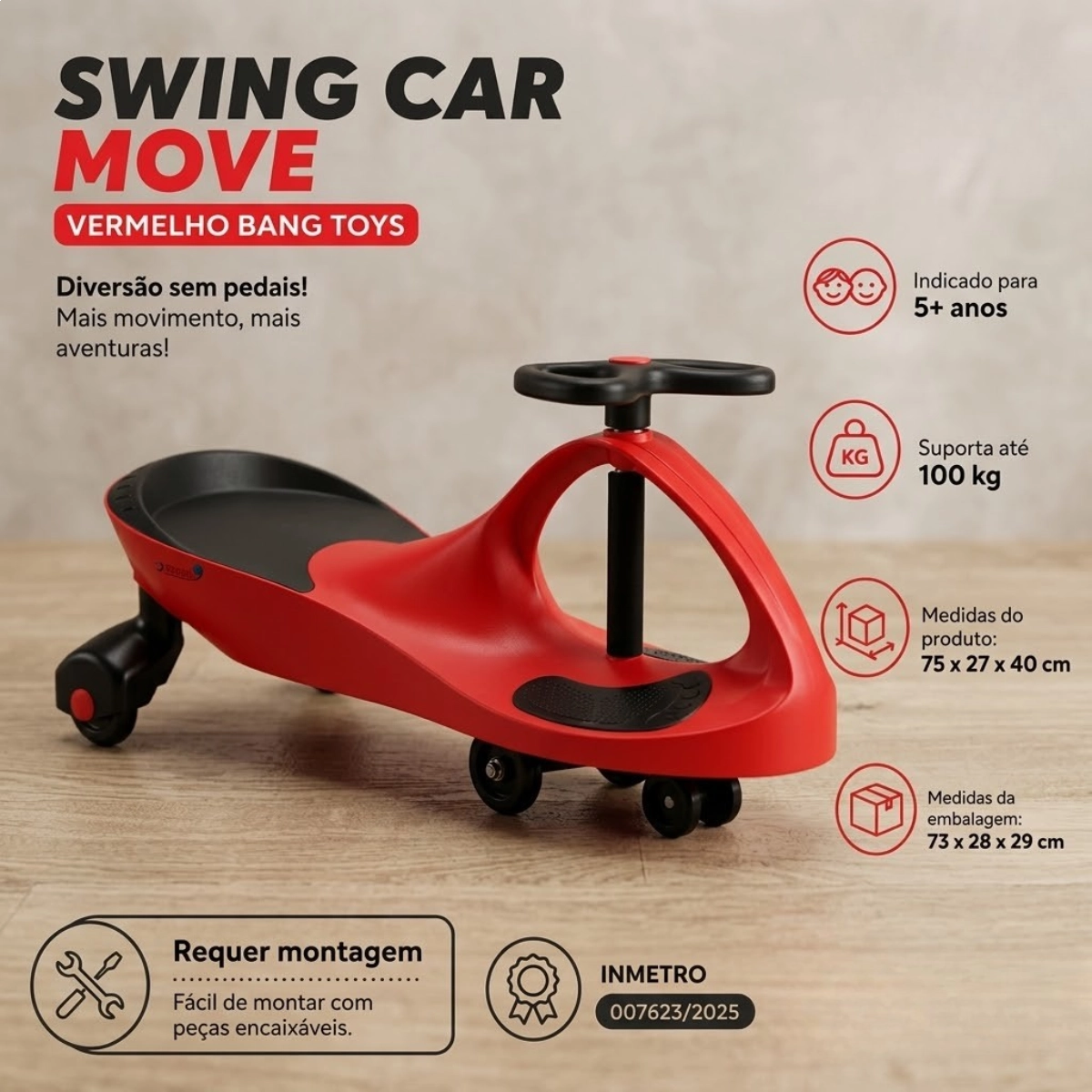CARRINHO DE ROLIMÃ SWING CAR MOVE 360° VERMELHO BANG TOYS CARRINHO DE ROLIMÃ SWING CAR MOVE 360° VERMELHO BANG TOYS