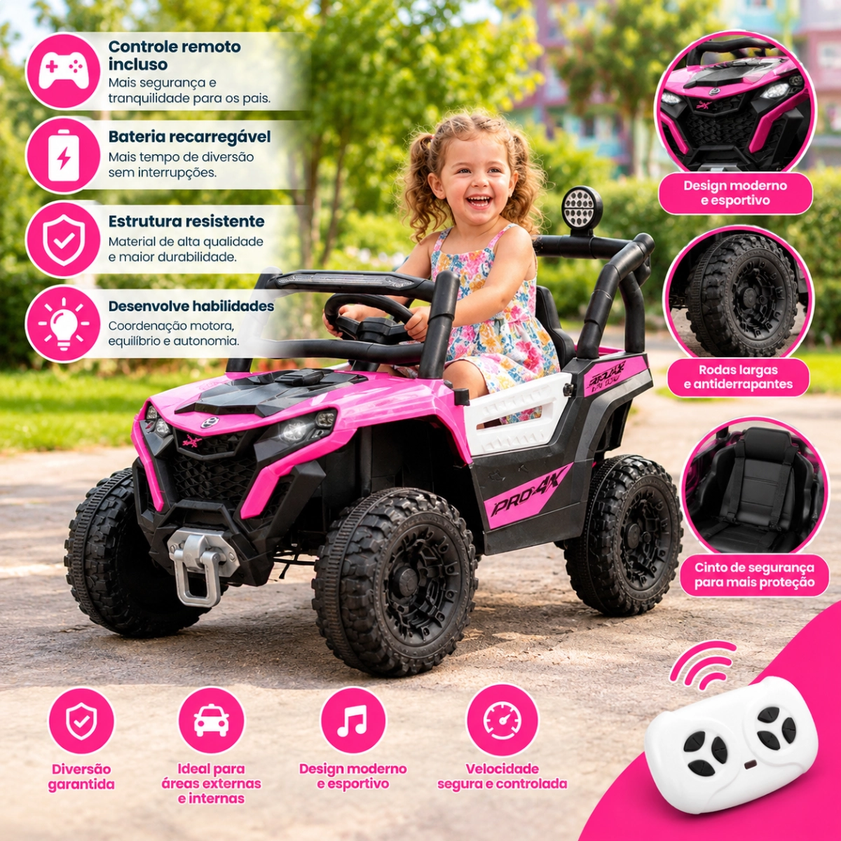 CARRINHO ELÉTRICO UTV INFANTIL 12V LUZ SOM IMPORTWAY ROSA