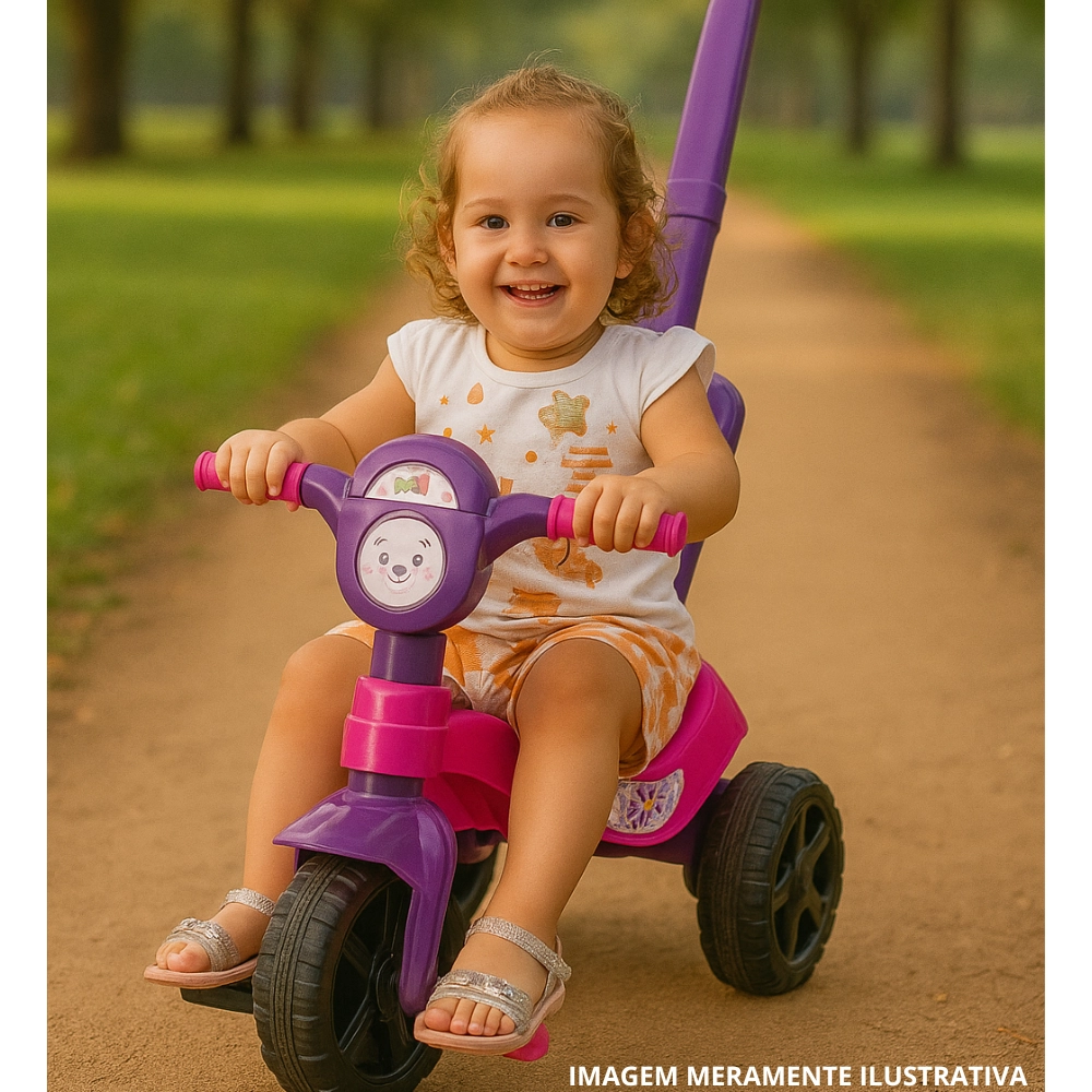 Carrinho Triciclo Infantil de Passeio e Pedal Kendy Kemotoca Gatinha Com Haste Rosa/Lilás - Suporta Até 16Kg