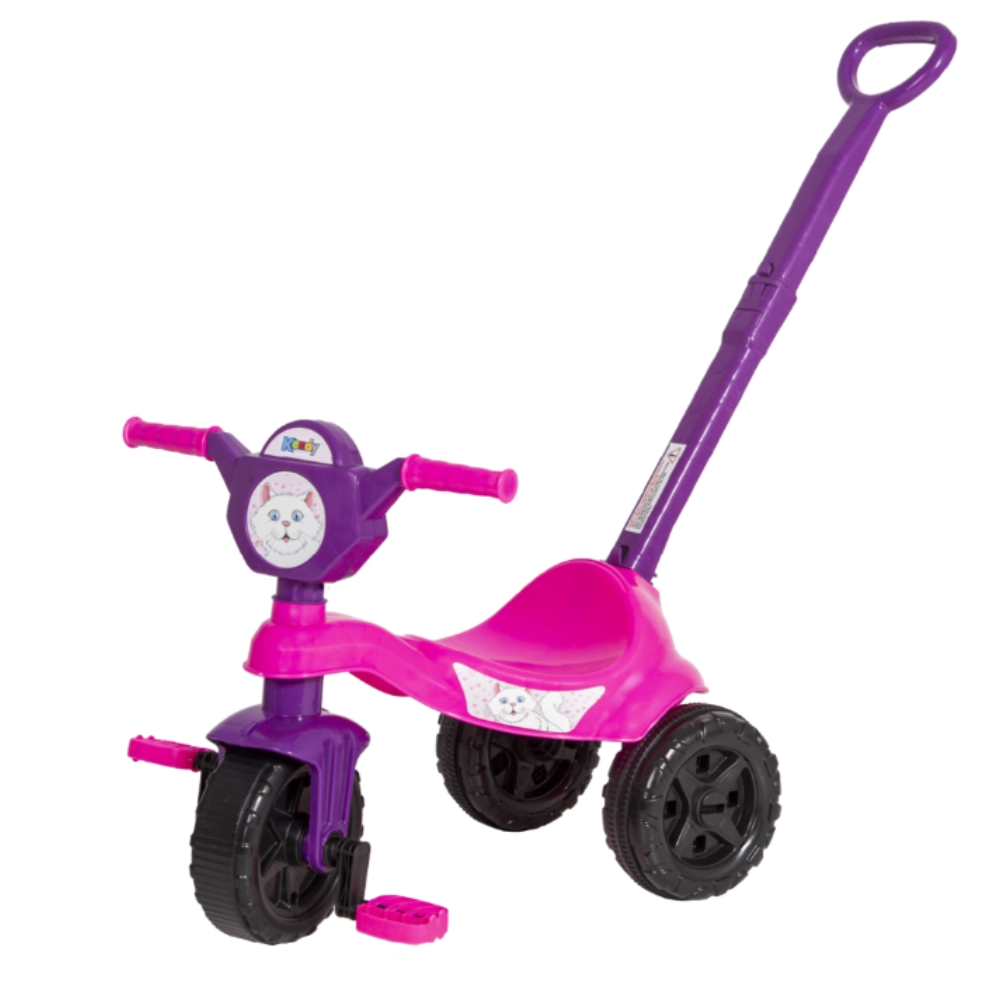 Carrinho Triciclo Infantil de Passeio e Pedal Kendy Kemotoca Gatinha Com Haste Rosa/Lilás - Suporta Até 16Kg