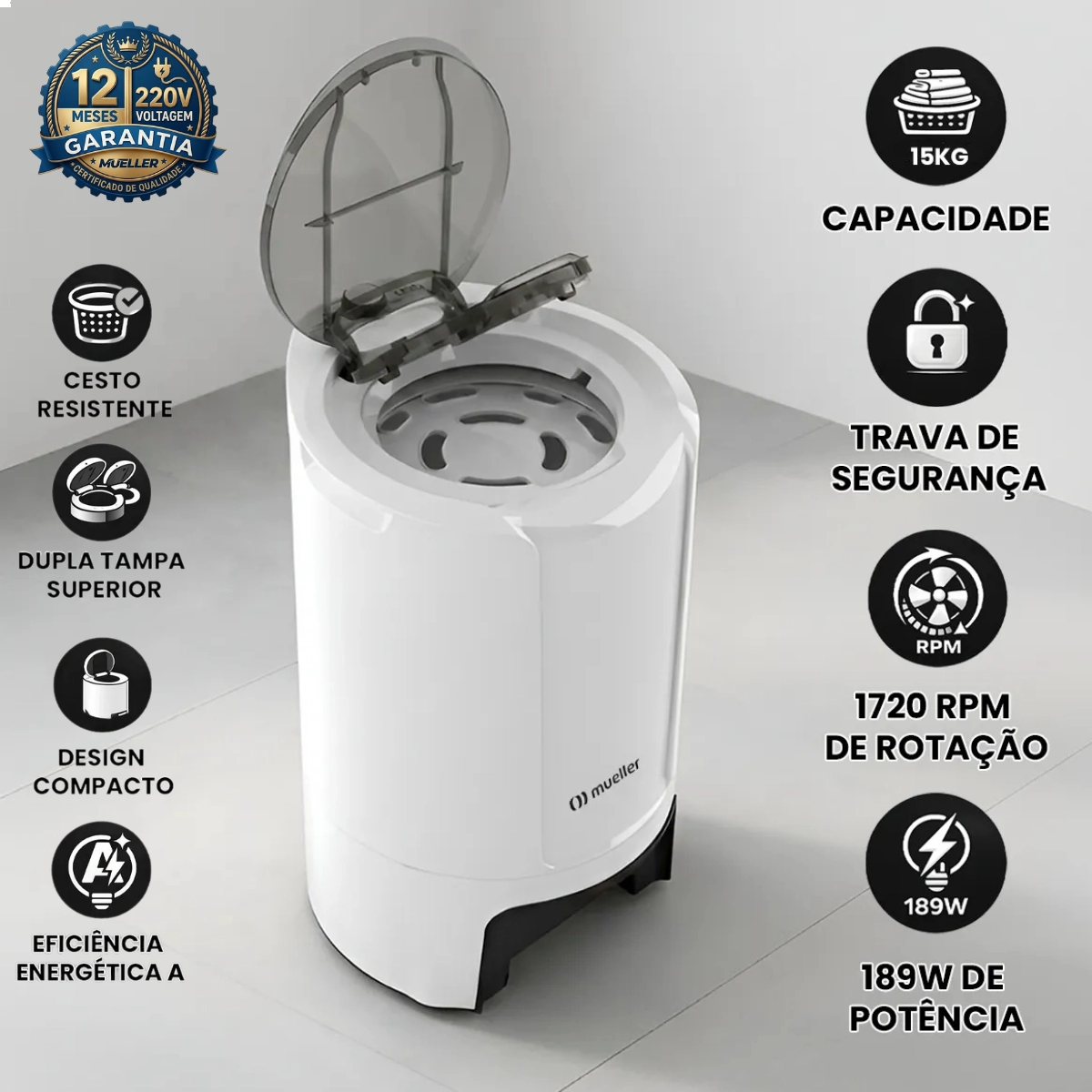 CENTRÍFUGA DE ROUPAS MUELLER FIT BRANCA 15KG 220V ROUPA MOLHADA CENTRÍFUGA DE ROUPAS MUELLER FIT BRANCA 15KG 220V ROUPA MOLHADA