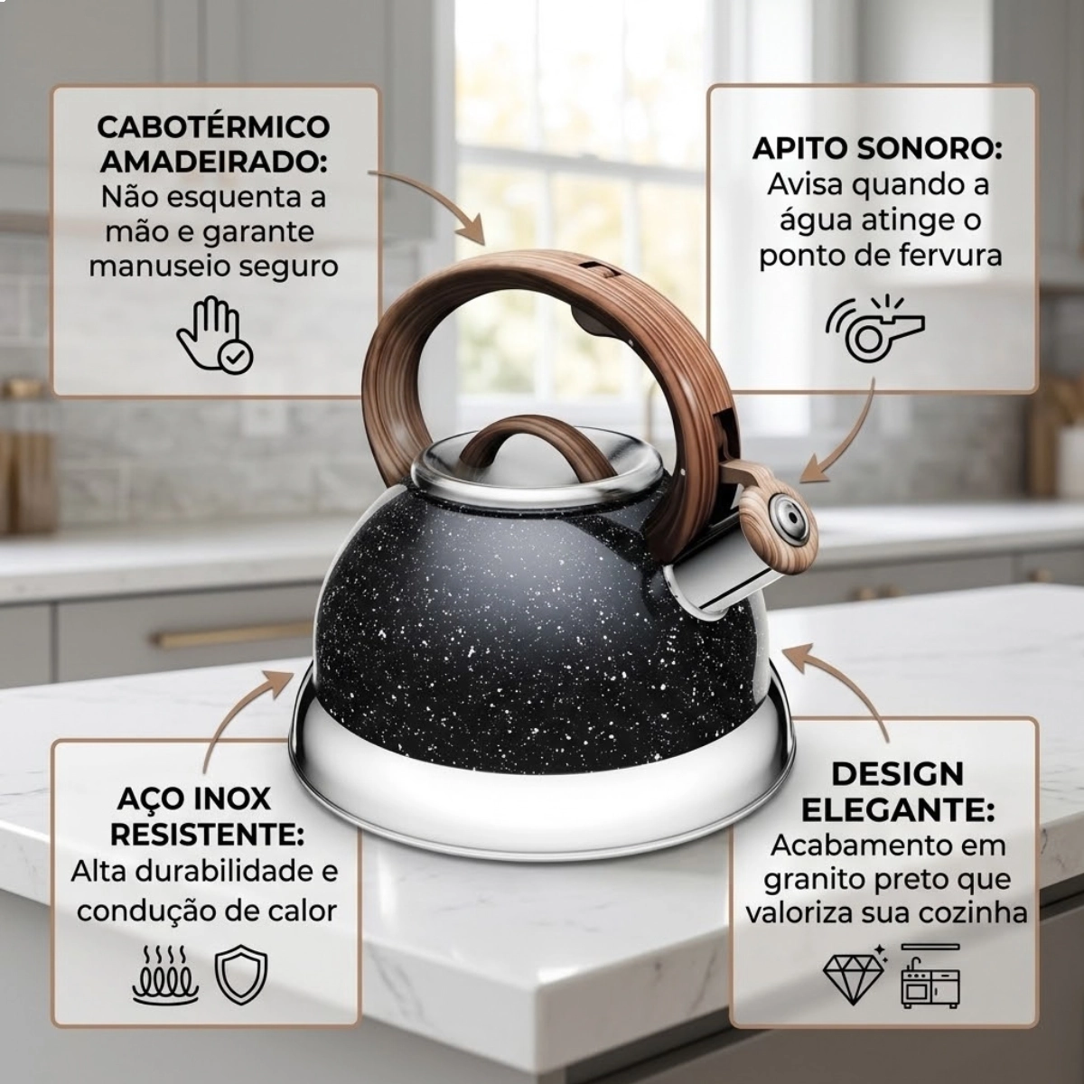 CHALEIRA AUROS 2,7L WOODEN COM APITO EURO HOME CABO DE MADEIRA CHALEIRA AUROS 2,7L WOODEN COM APITO EURO HOME CABO DE MADEIRA