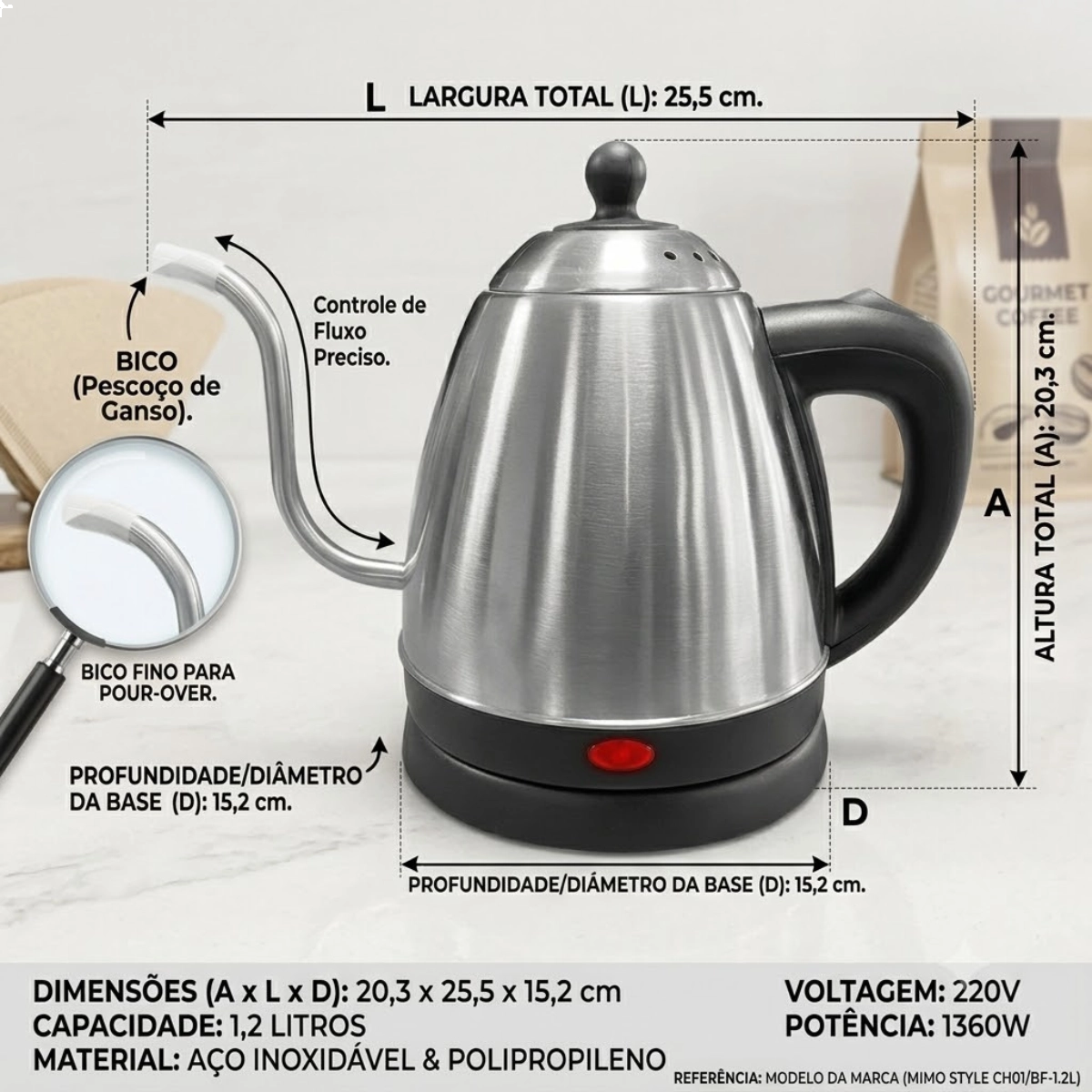 CHALEIRA ELÉTRICA BICO PESCOÇO DE GANSO INOX 1,2L MIMO STYLE 220V CHALEIRA ELÉTRICA BICO PESCOÇO DE GANSO INOX 1,2L MIMO STYLE 220V