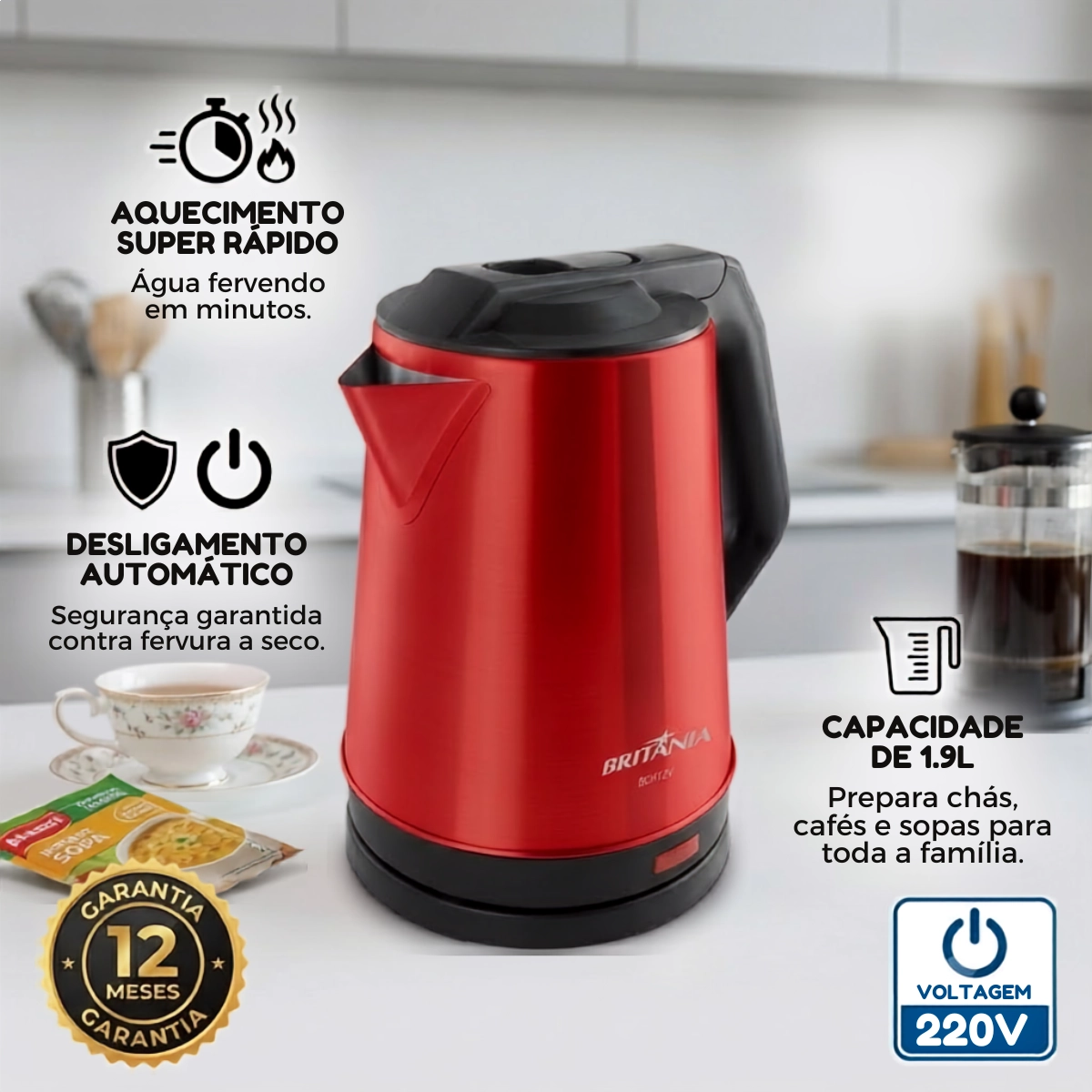 CHALEIRA ELÉTRICA BRITÂNIA BCH12V VERMELHA 1,9L 220V