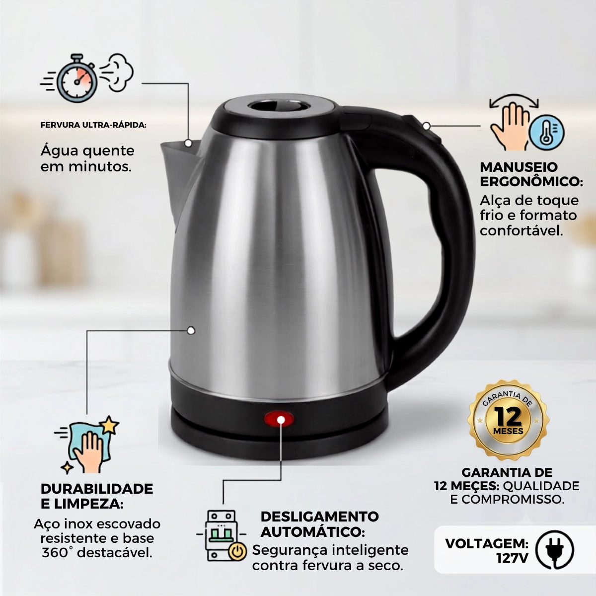 CHALEIRA ELÉTRICA INOX 1,8L MIMO STYLE 127V