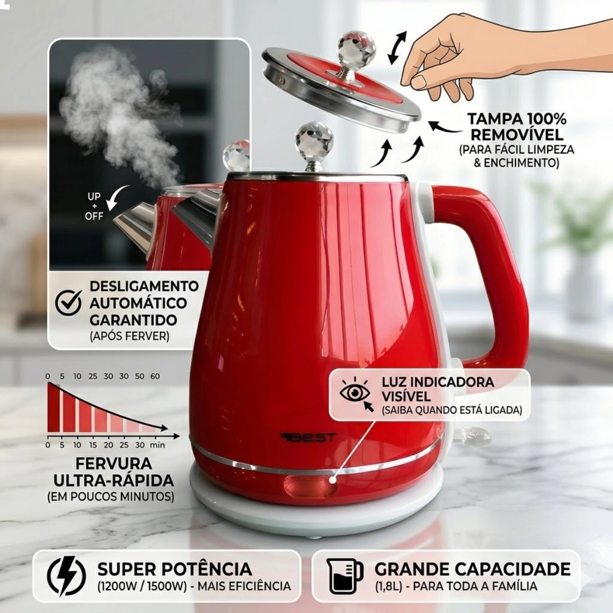 CHALEIRA ELETRICA BEST YD-1830B VERMELHA 1,8 LITROS 1500W 220V