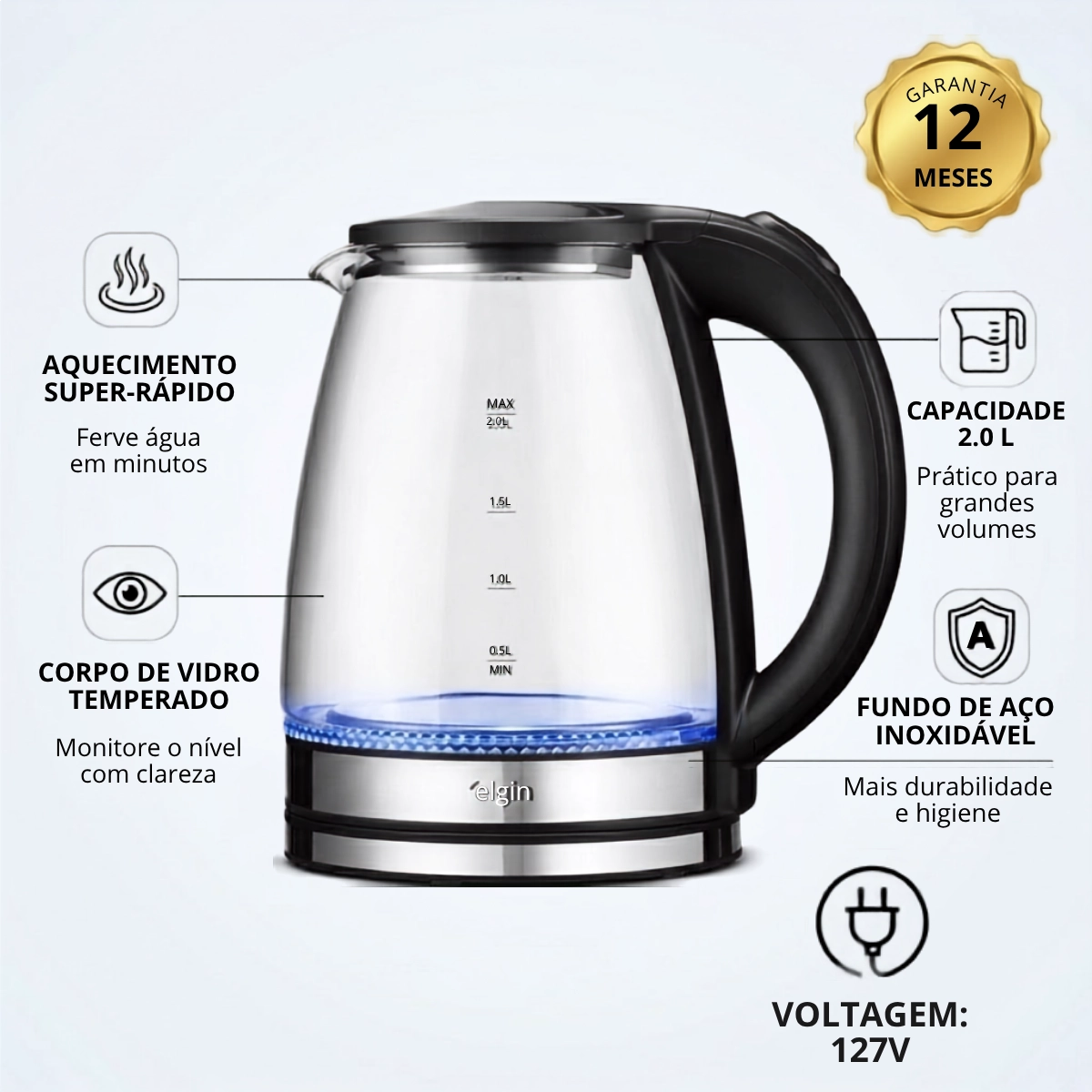 CHALEIRA ELETRICA ELGIN 2L VIDRO INOX 1200W VISIO GLASS 127V CHALEIRA ELETRICA ELGIN 2L VIDRO INOX 1200W VISIO GLASS 127V